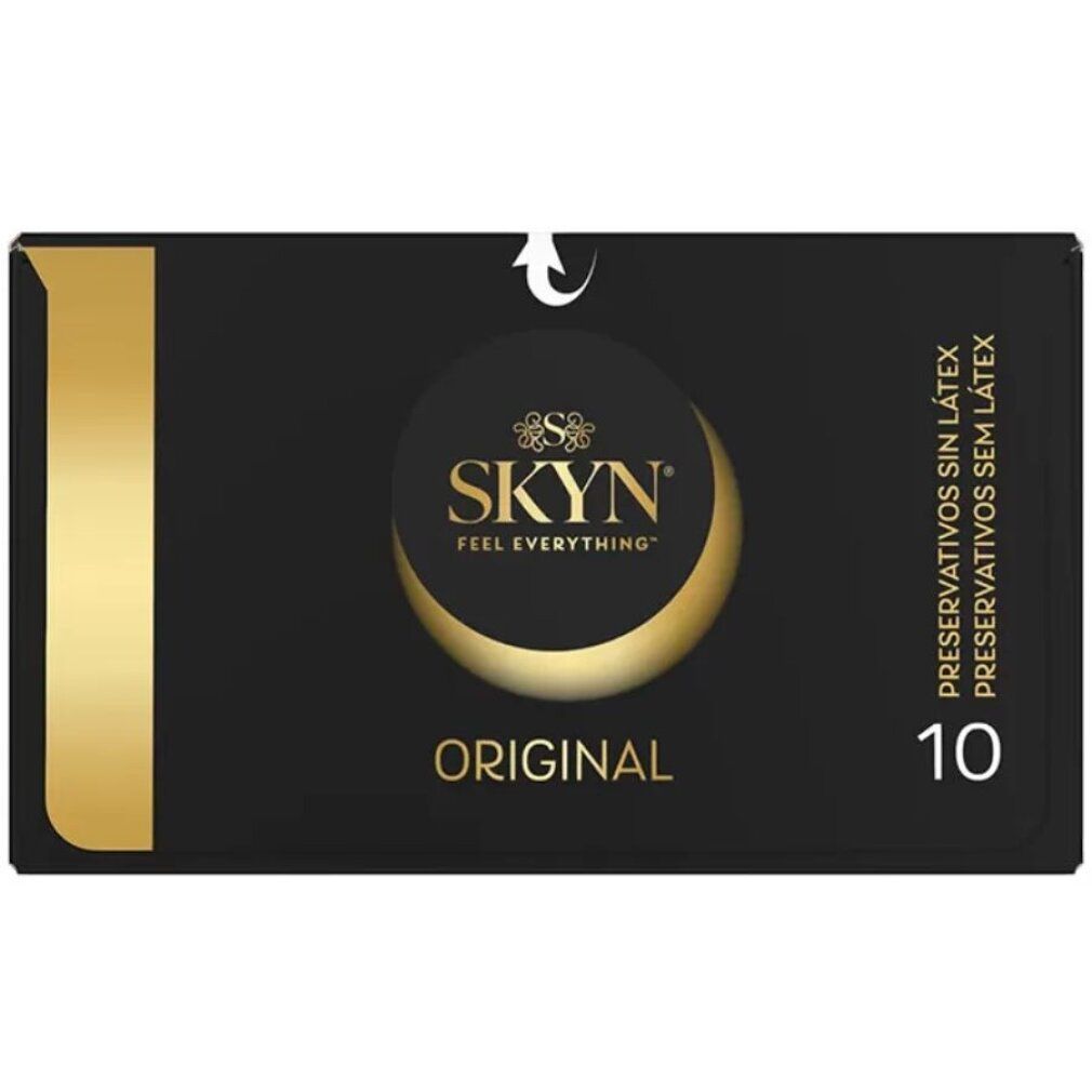 Individuele verpakking SKYN Original condoom, latexvrij, zwart met gouden logo.
