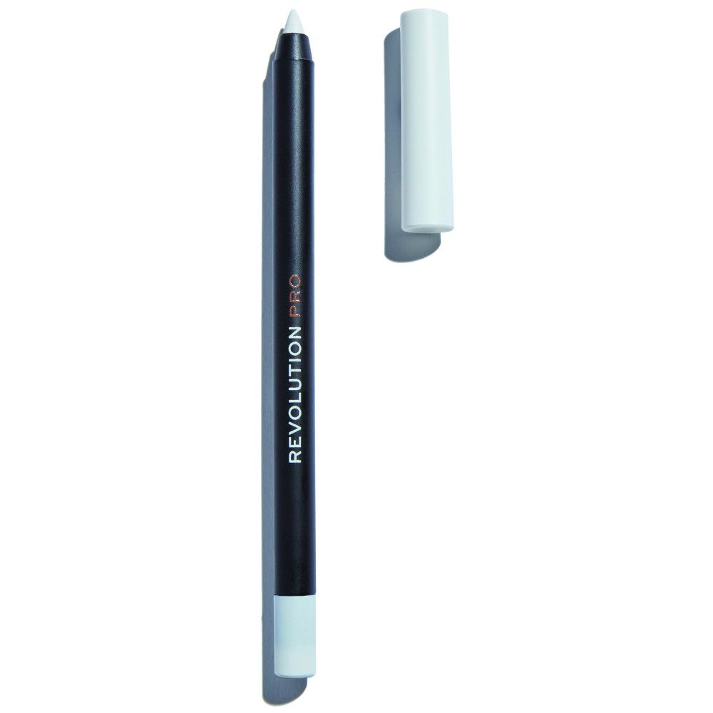 Crayon eyeliner noir avec capuchon blanc. Inscription: REVOLUTION PRO. Capuchon à côté. Pointe blanche.