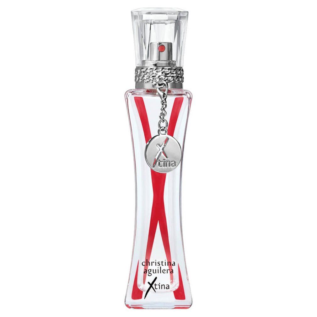 Christina Aguilera Xtina Eau de Parfum flesje met rood X-design, zilveren bedeltje en transparante dop.