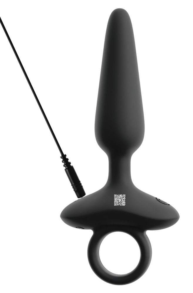 Plug anal ANOS noir avec anneau et câble de chargement connecté.