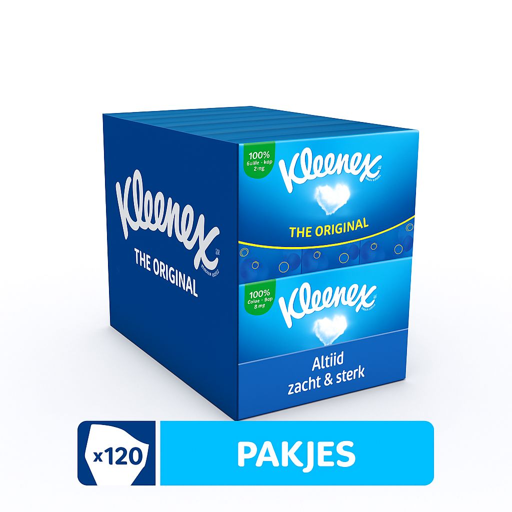 Kleenex The Original Mouchoirs de poche, boîte bleue, x120, 'Toujours doux & fort'.