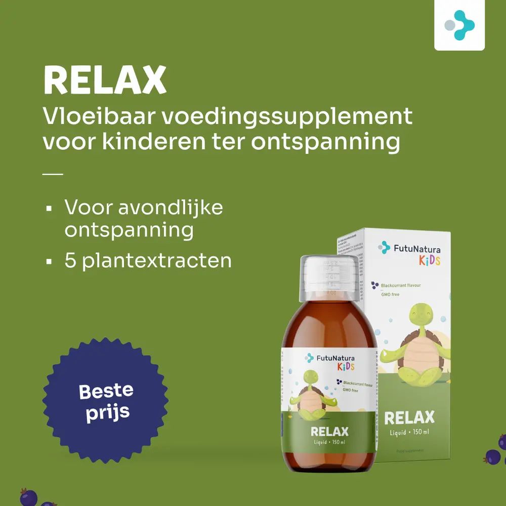 Fles en verpakking met logo en tekst. Opschrift: RELAX. Vloeibaar voedingssupplement. Bord met tekst: Beste prijs.