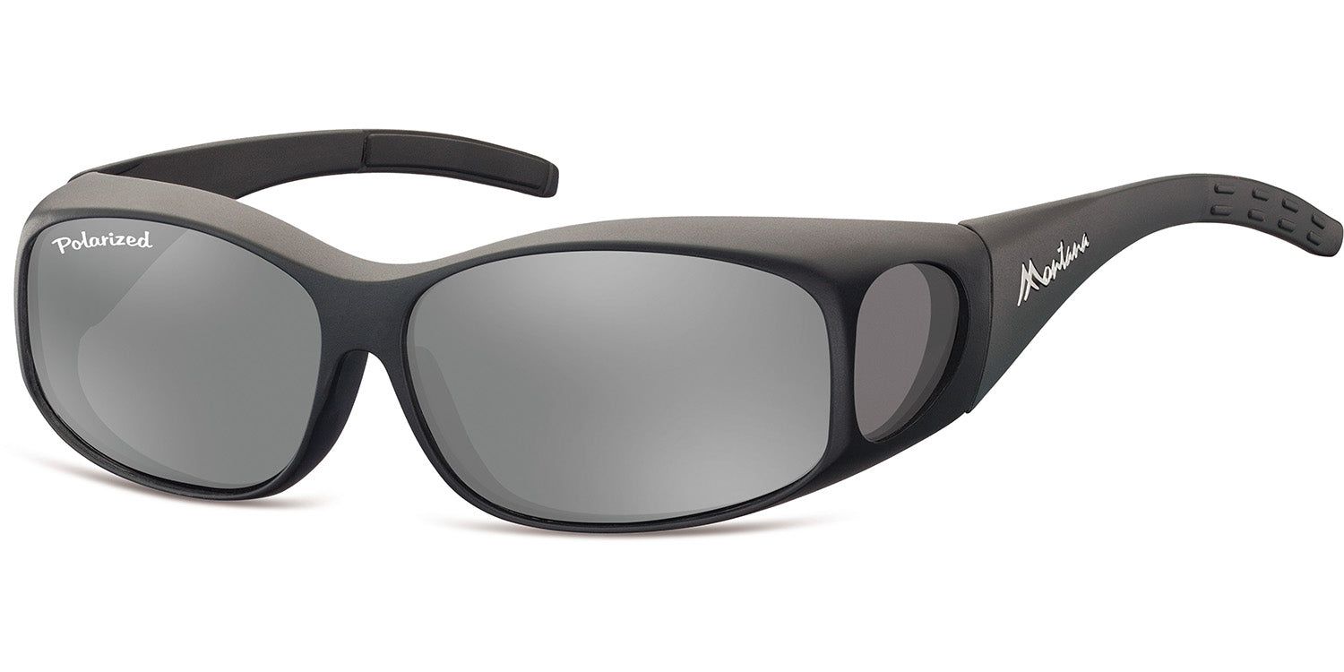 Lunettes de soleil noires. Verres argentés. Inscription latérale Montana. 'Polarized' sur le verre.