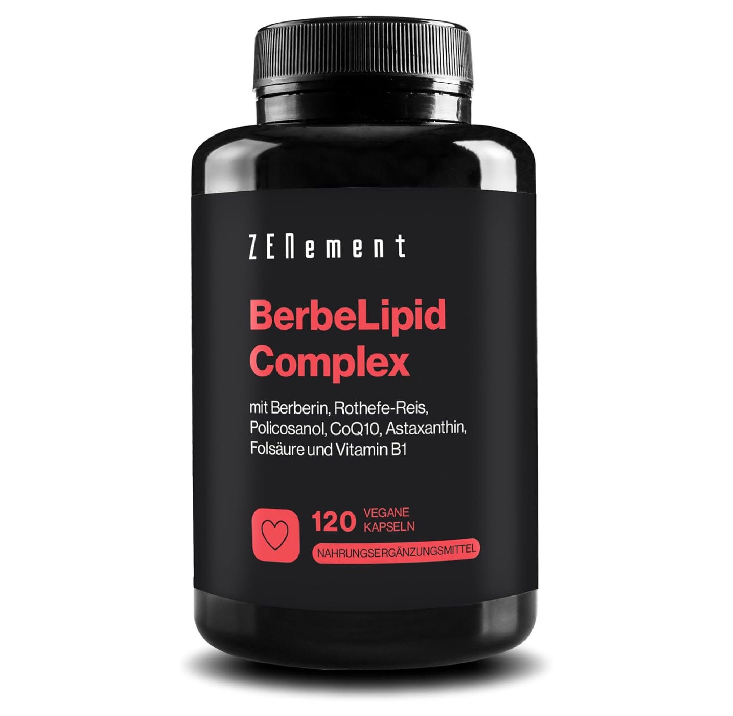 Flacon noir Zenement BerbeLipid Complex. Étiquette rouge avec texte blanc. 120 gélules. Complément alimentaire.