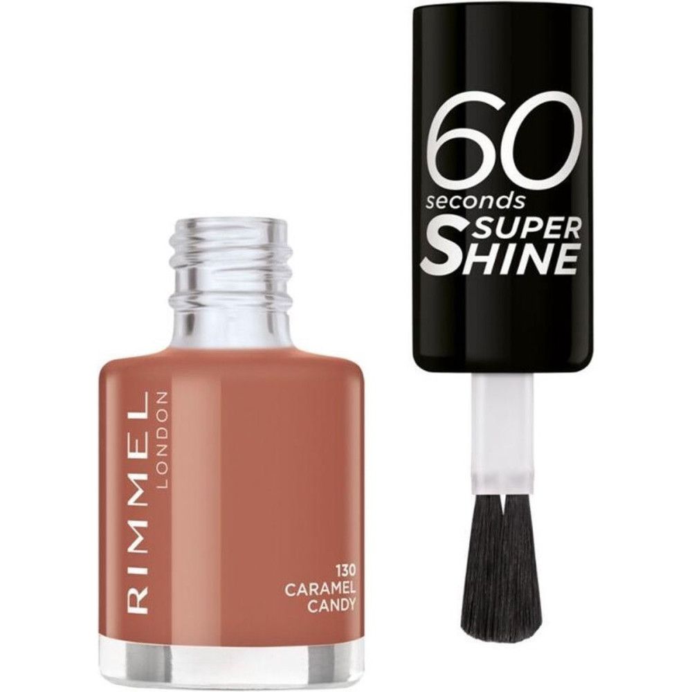 Flacon de vernis à ongles ouvert. Bouchon noir avec texte blanc '60 seconds SUPER SHINE'. Teinte : Caramel Candy.