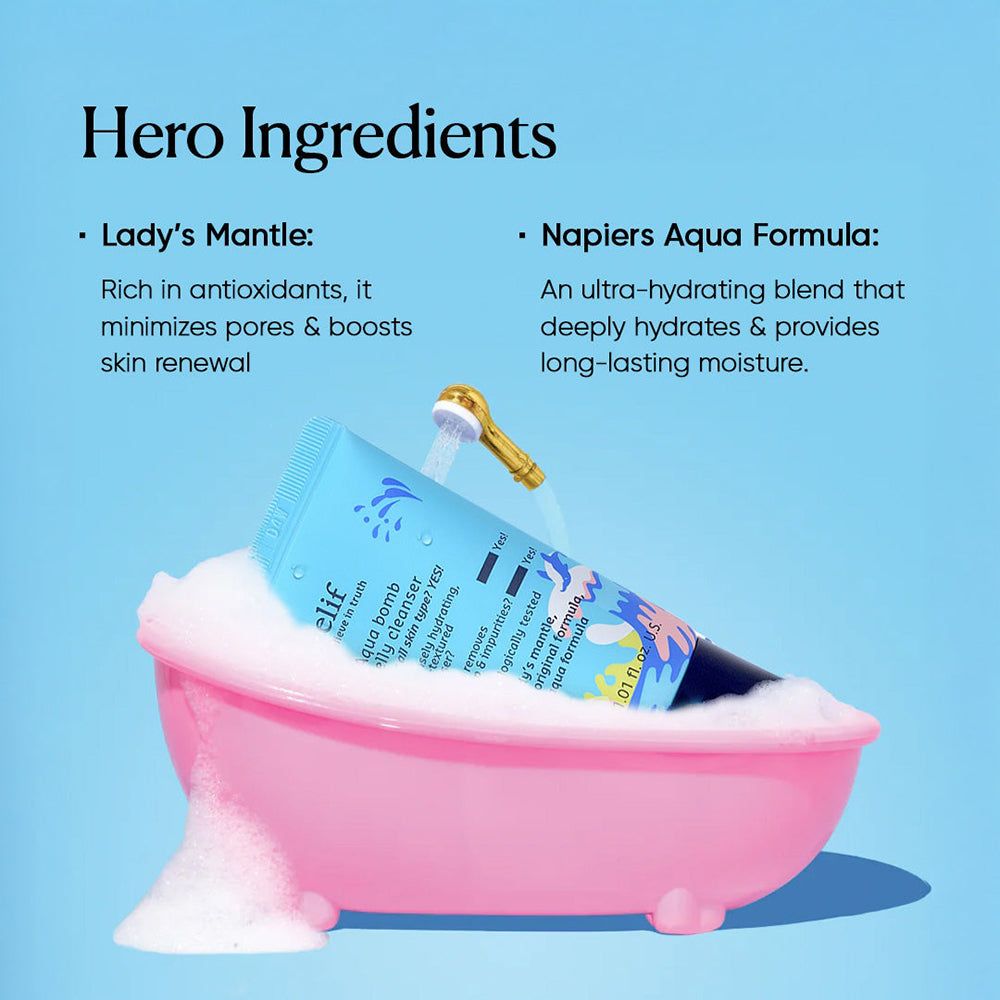 Tube Belif Aqua Bomb Jelly Cleanser dans une baignoire rose avec de la mousse et une pomme de douche dorée.