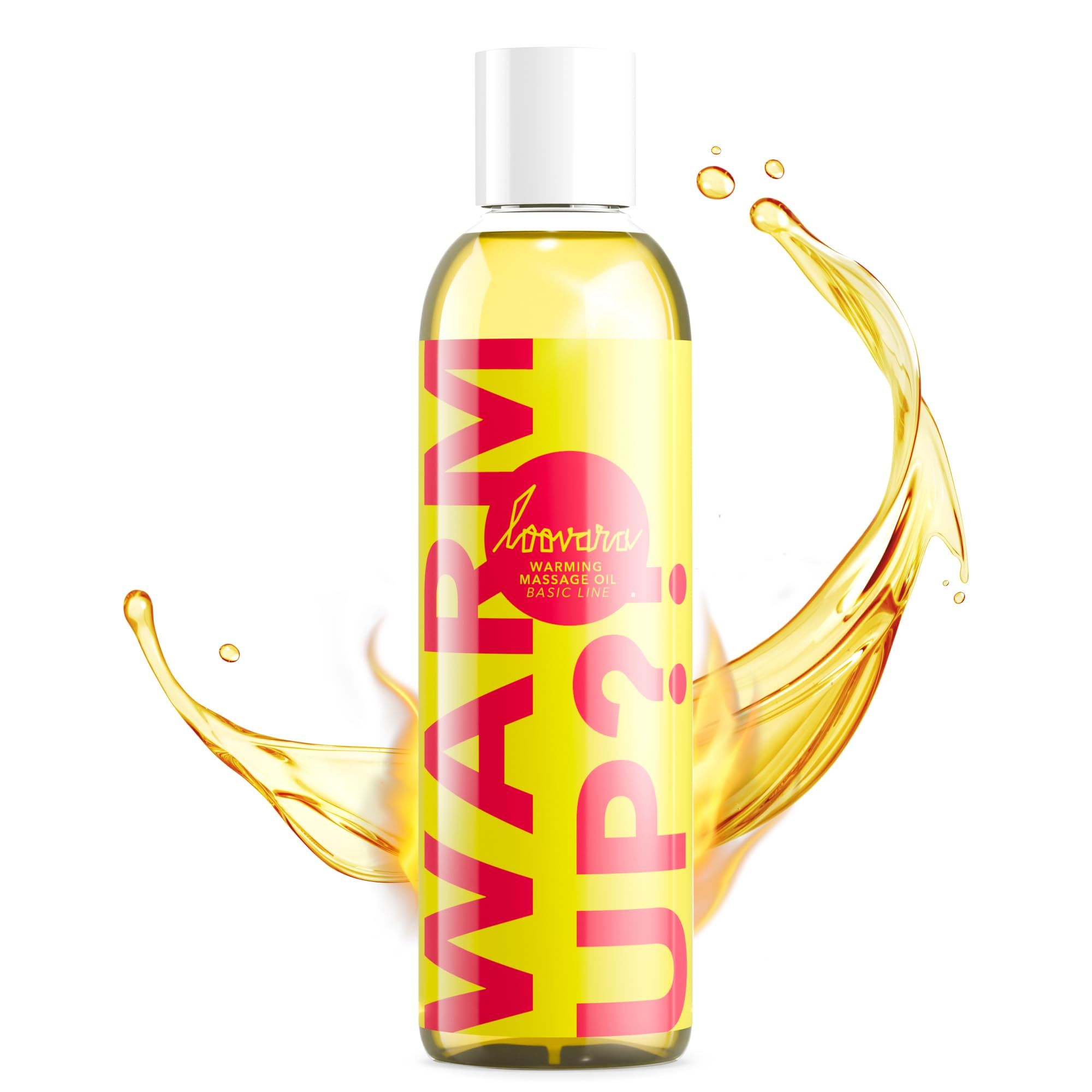 Bouteille d'huile de massage Loovara Warm Up avec étiquette jaune, entourée d'éclaboussures d'huile.