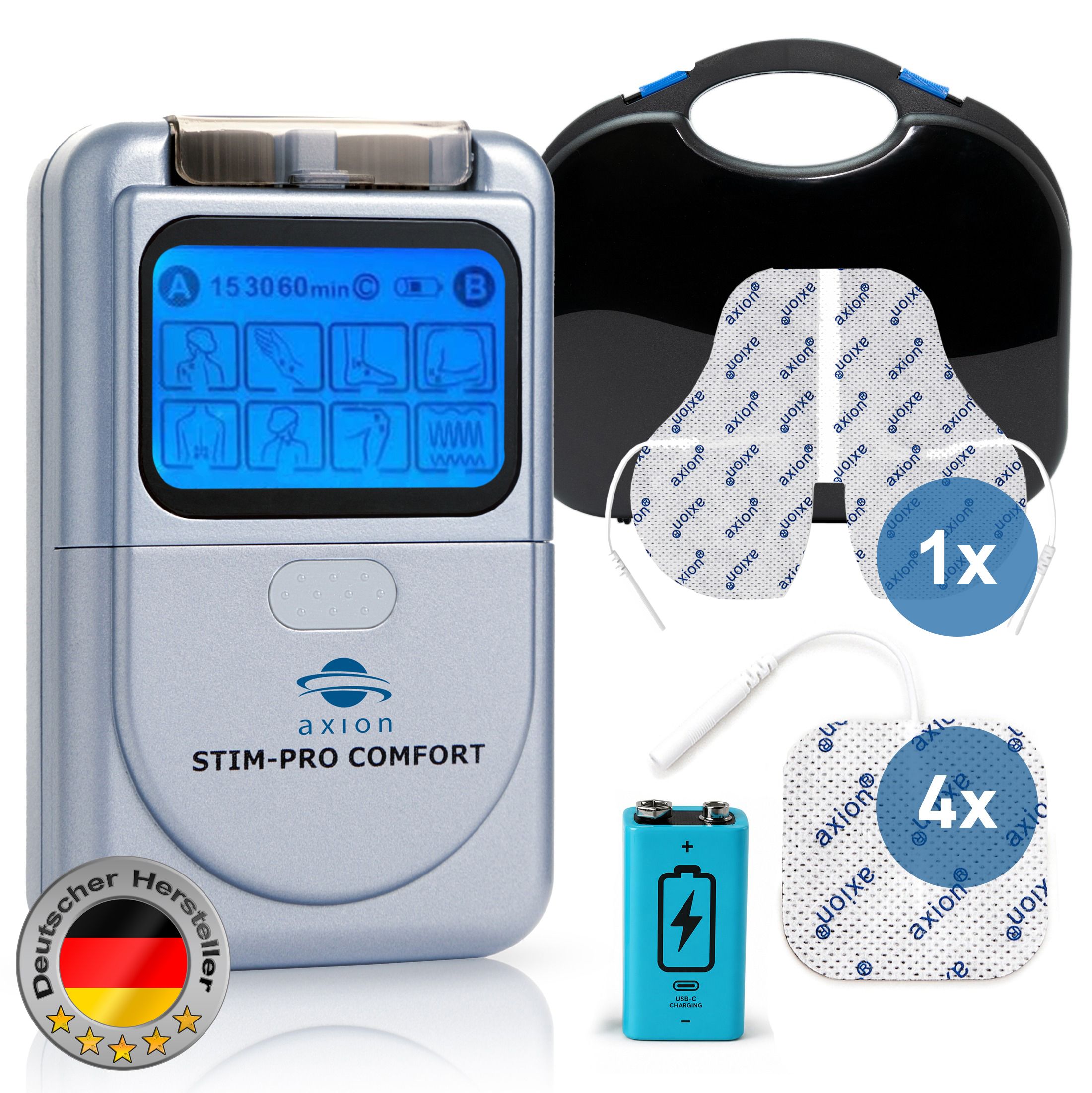 axion STIM-PRO COMFORT, accessoires: électrodes, batterie, étui. Fabricant allemand. Dispositif médical.