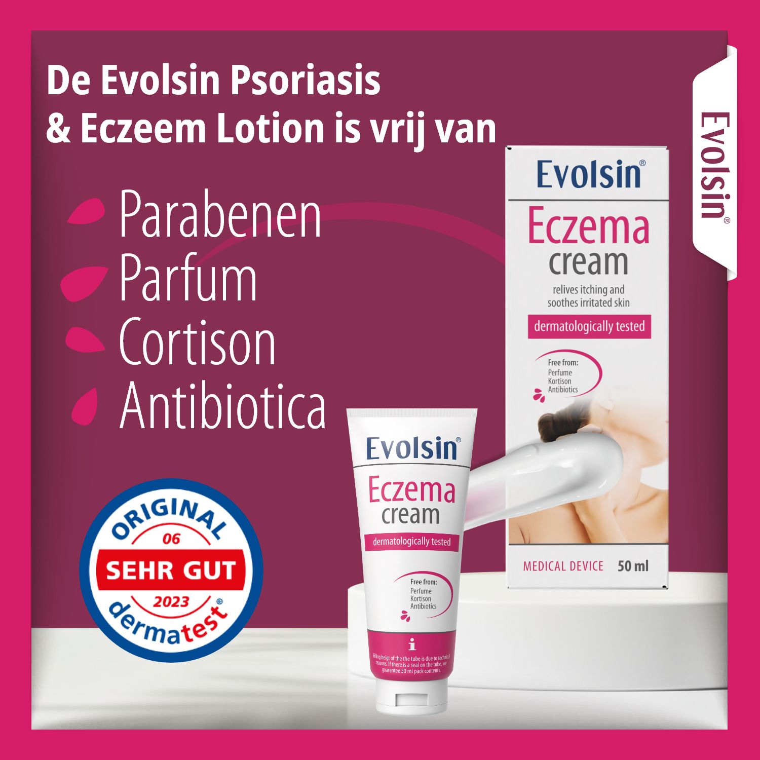 Vrouw met crème op schouder. Vrij van: Cortison, Parfum, Antibiotica, Parabenen. 100% huidverdraagzaamheid.