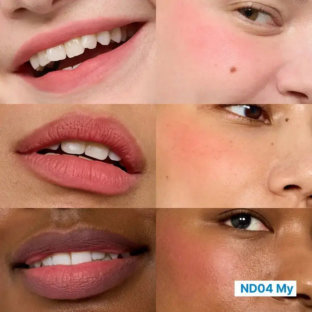 Close-ups van lippen en wangen in verschillende roze tinten. Tekst ND04 My.