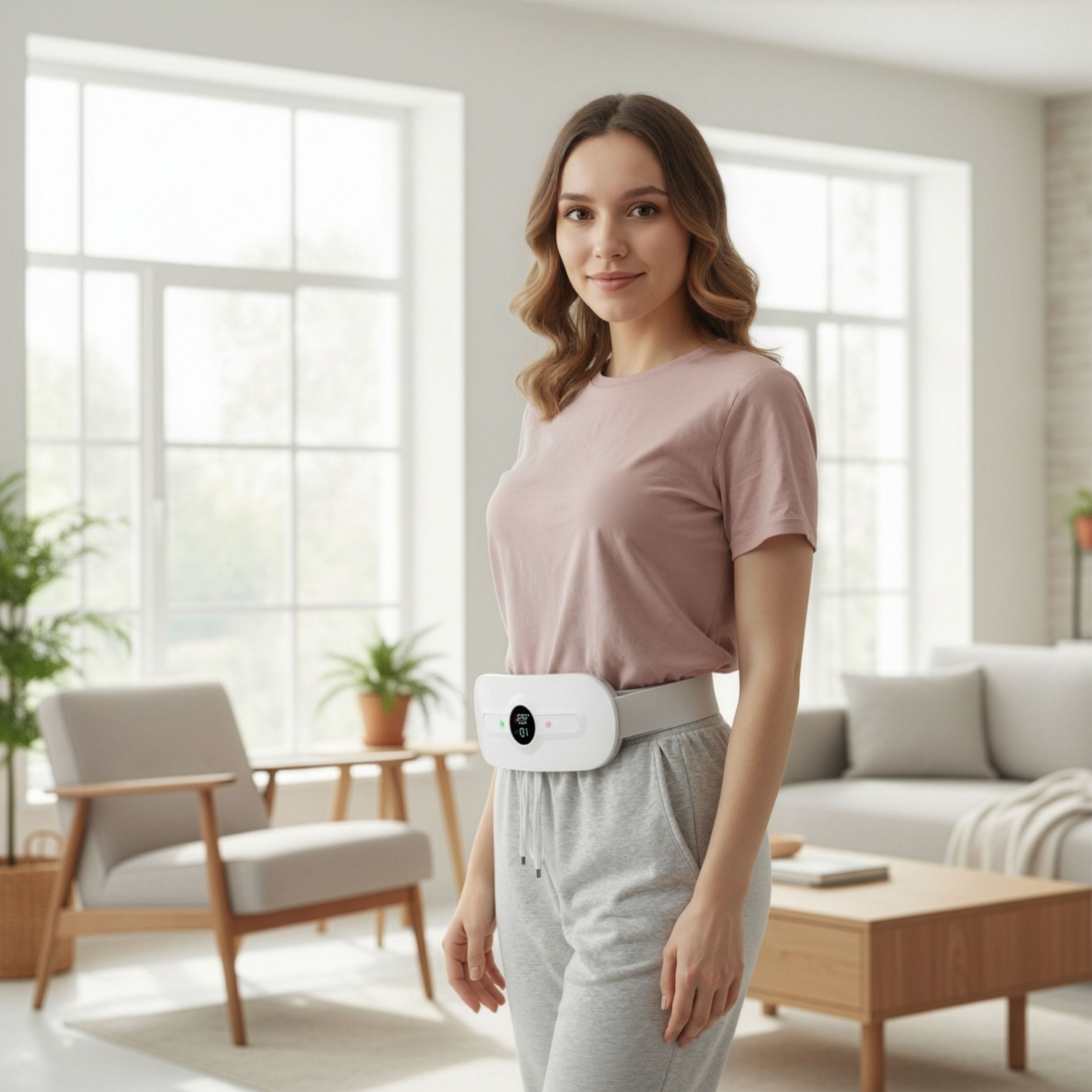 Femme debout, portant une ceinture menstruelle blanche avec écran. Sourire à la caméra.