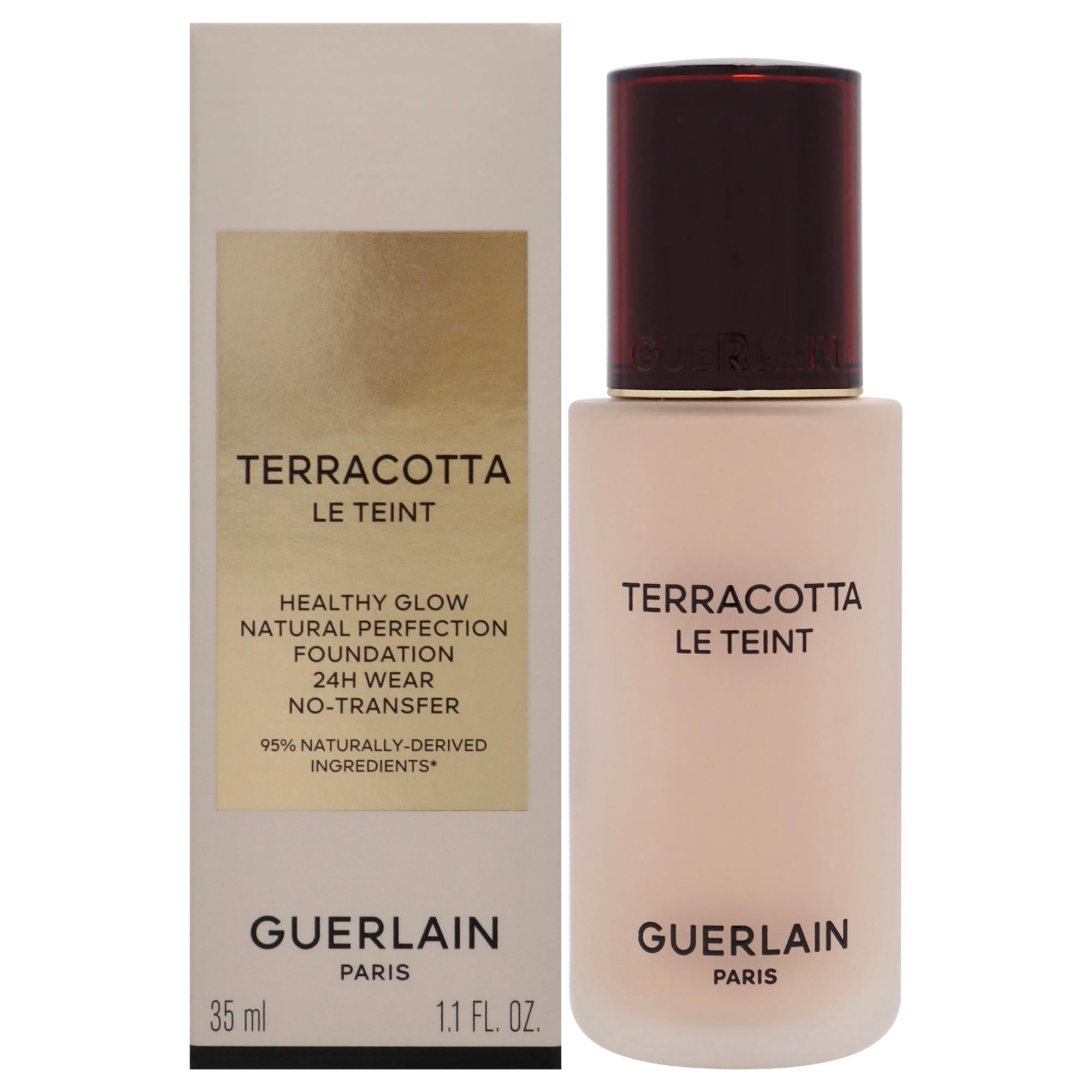 Flesje en verpakking. Opschrift: Terracotta Le Teint, Guerlain Paris. 35 ml, 1.1 FL OZ. Tint 1N.