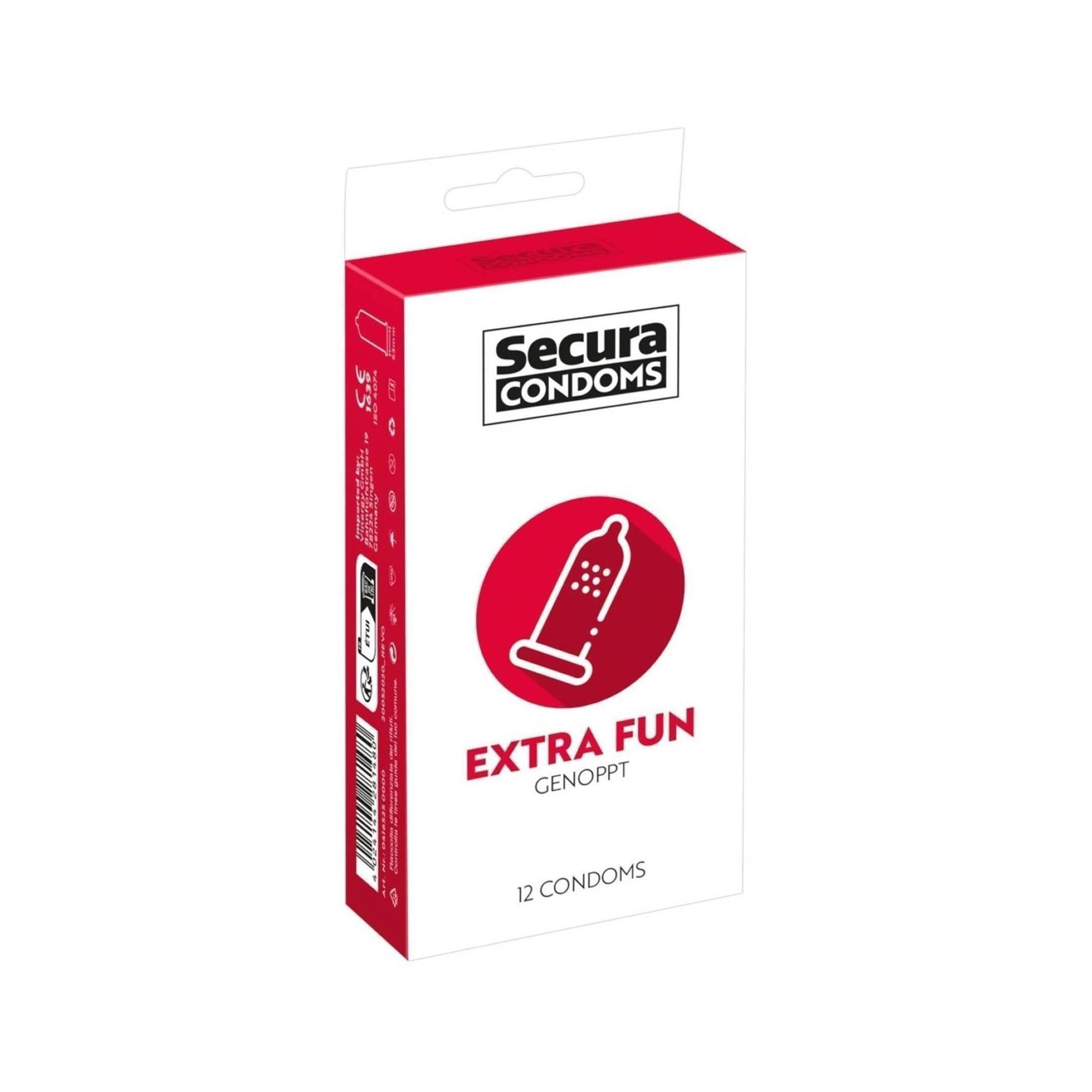 Verpakking van Secura Condoms Extra Fun. Rode en witte doos met productlogo en 12 condooms.