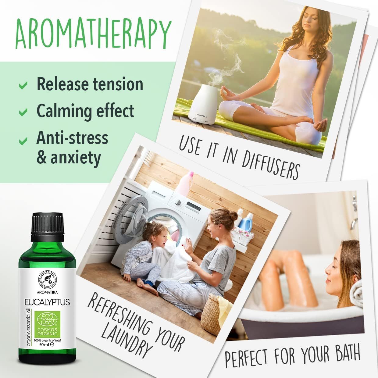 AROMATIKA Eucalyptusolie fles naast diffuser, vrouw mediterend, wasgoed en bad.