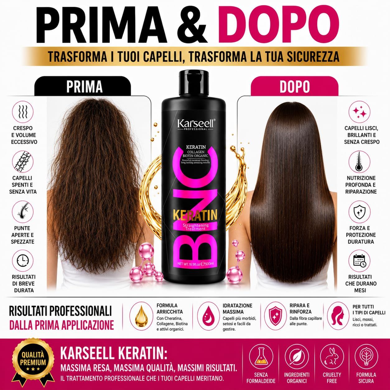 Comparaison avant-après de cheveux traités avec Karaseell Kératine. Montre une bouteille du produit.