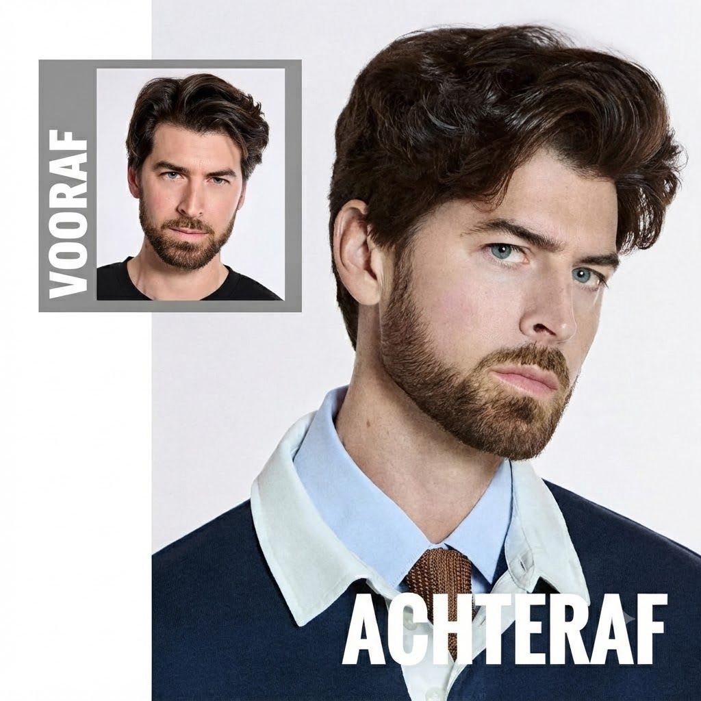 Voor-en-na vergelijking van een man met baard.