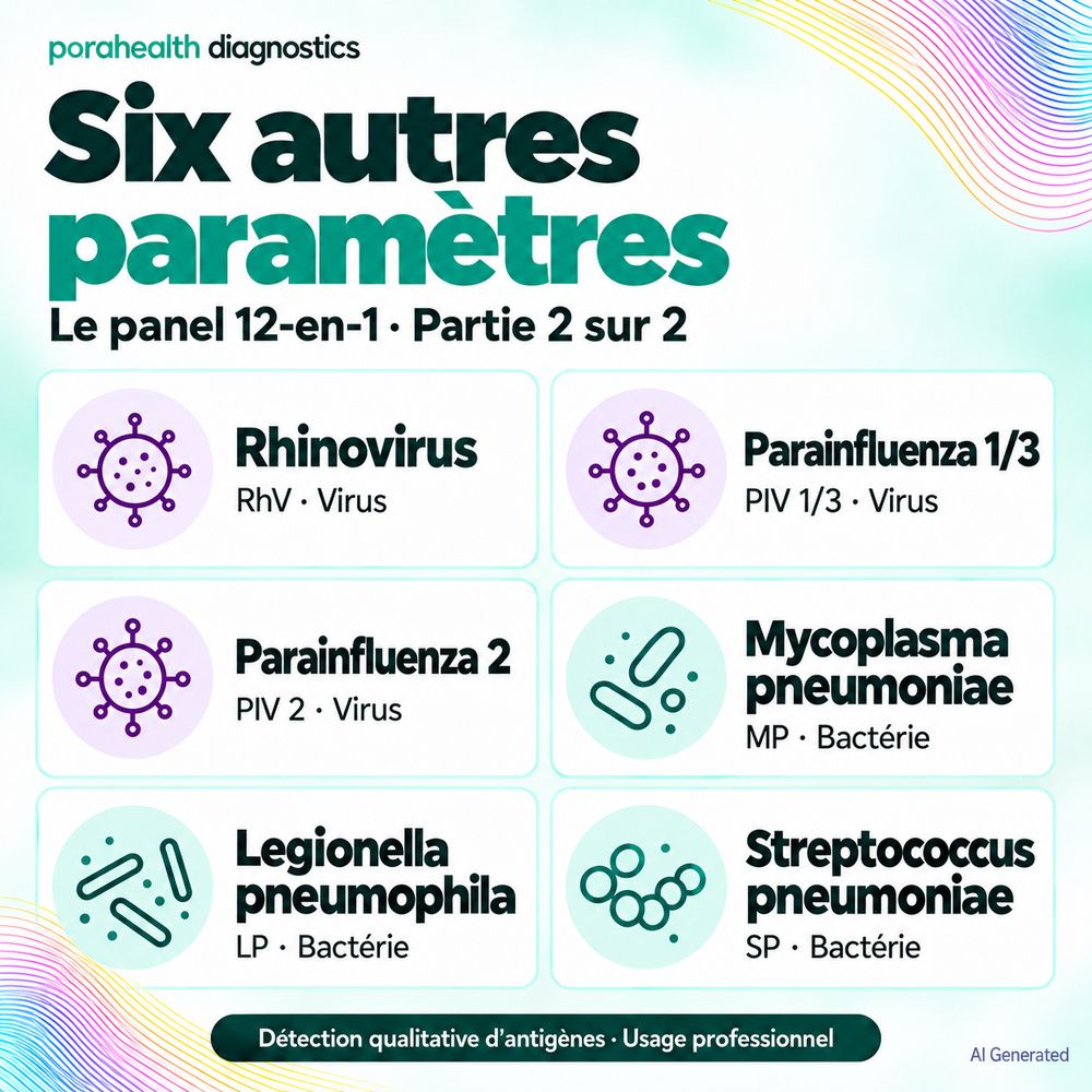 Six autres paramètres du test 12-en-1 : Rhinovirus, Parainfluenza 1/3, Parainfluenza 2, Mycoplasma pneumoniae, Legionella pneumophila, Streptococcus pneumoniae.