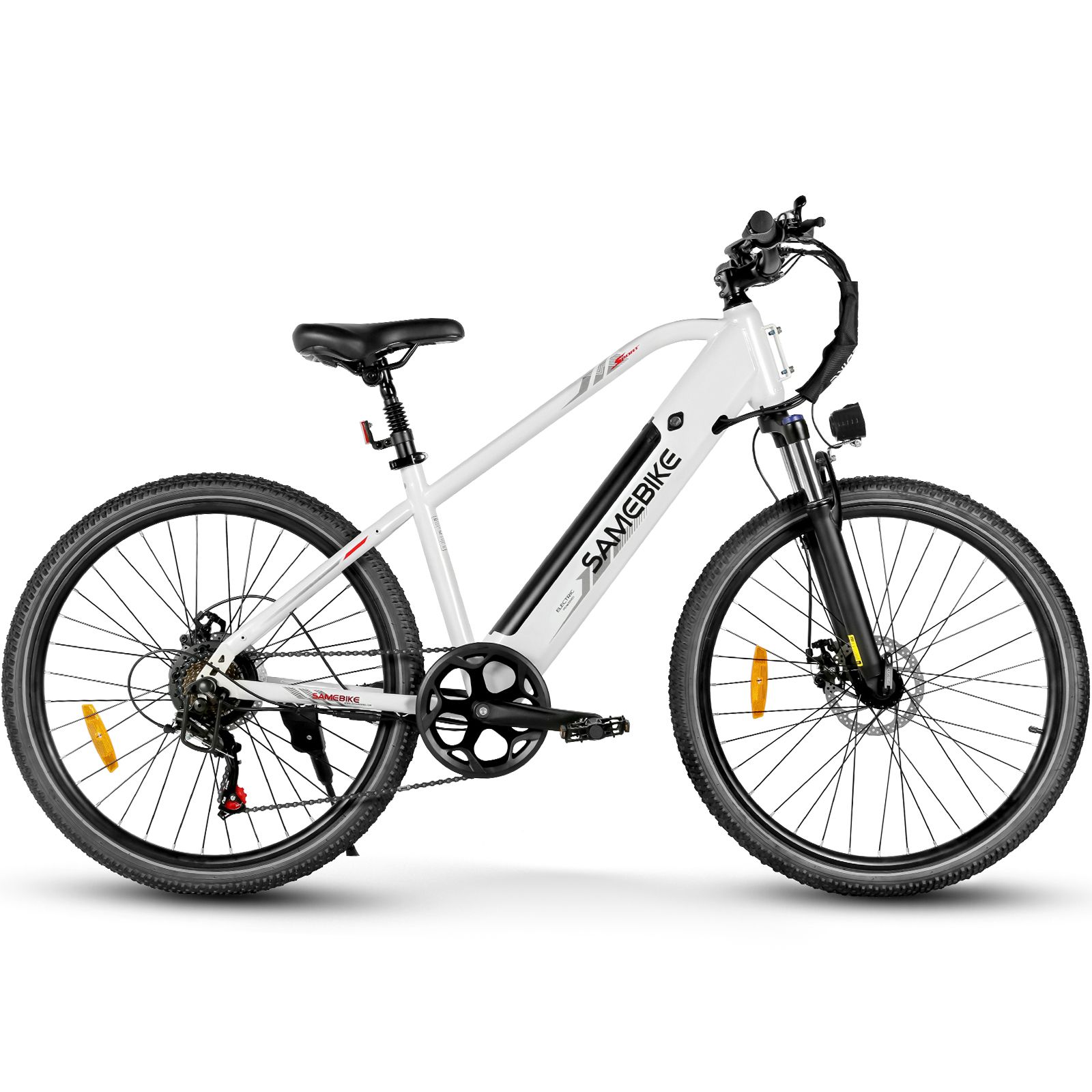 Witte elektrische mountainbike met zwarte banden. Merk SAMEBIKE op frame. Gele reflectoren op wielen.