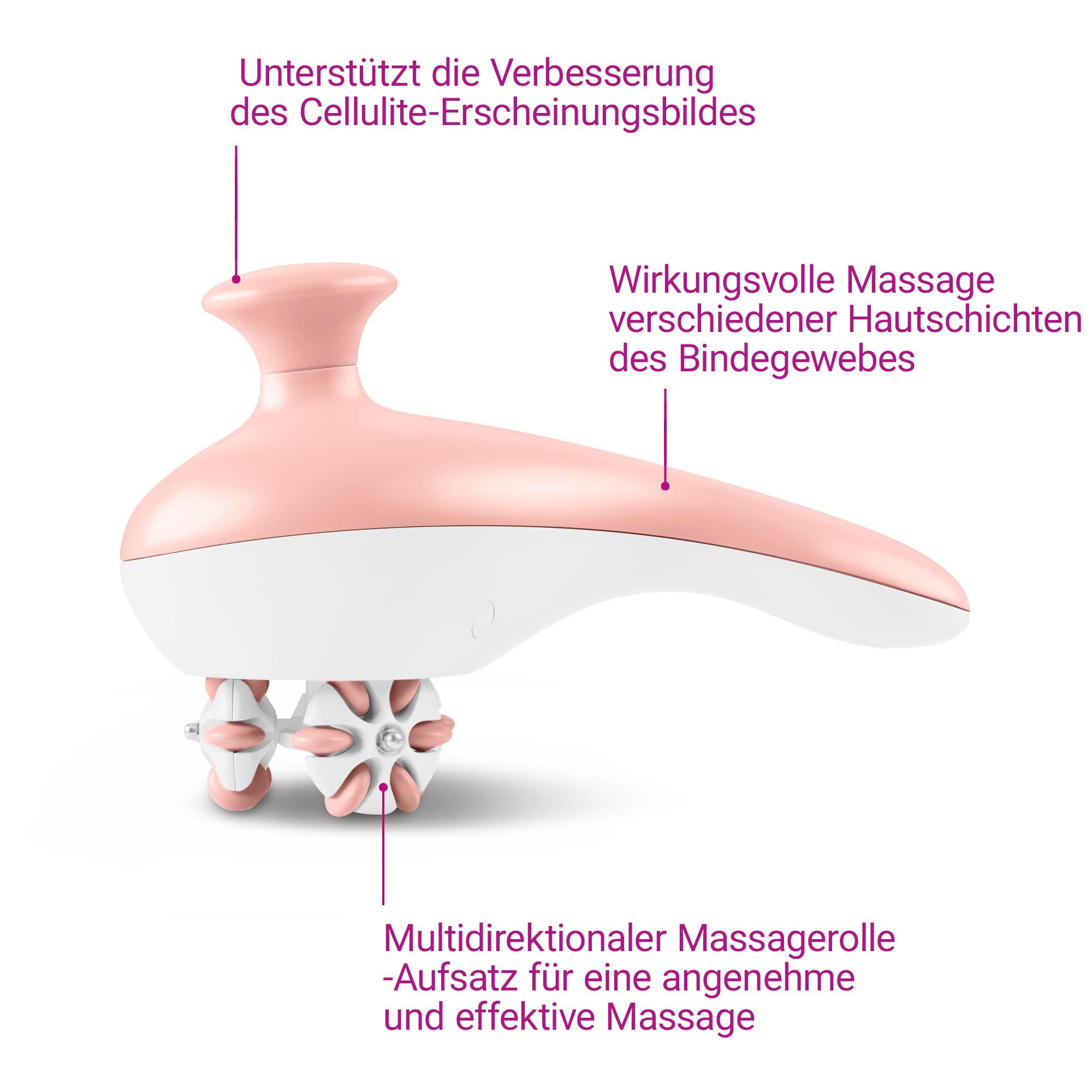 Appareil de massage rose et blanc avec rouleau et étiquettes.
