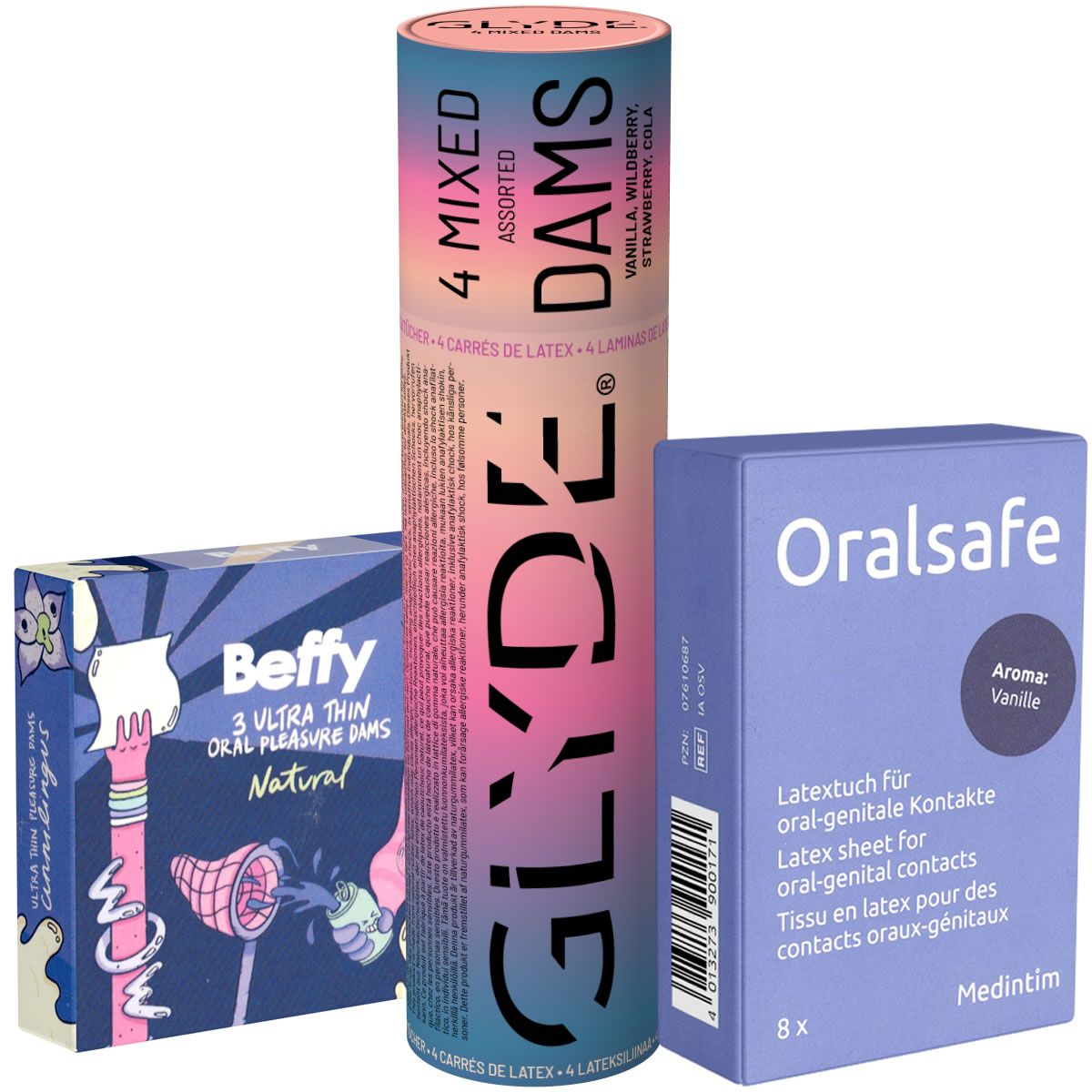 Trois paquets de barrages buccaux : Beffy (3 pièces, Naturel), Glyde (4 pièces, Assorti) et OralSafe (8 pièces, Vanille).