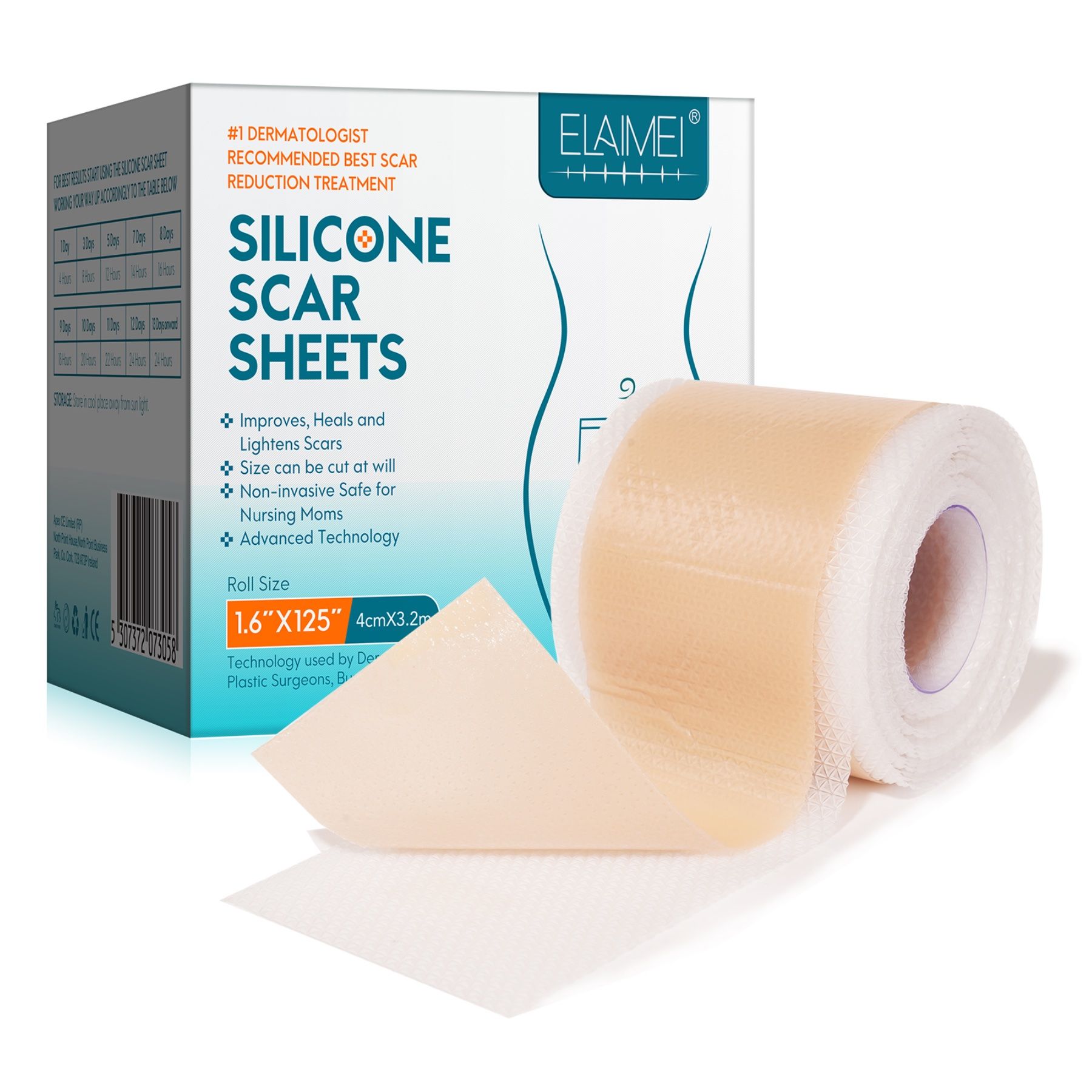 Elamei siliconen littekenpleisters. Rol en verpakking. Verbetert en verheldert littekens. Afmeting: 1,6"x125".