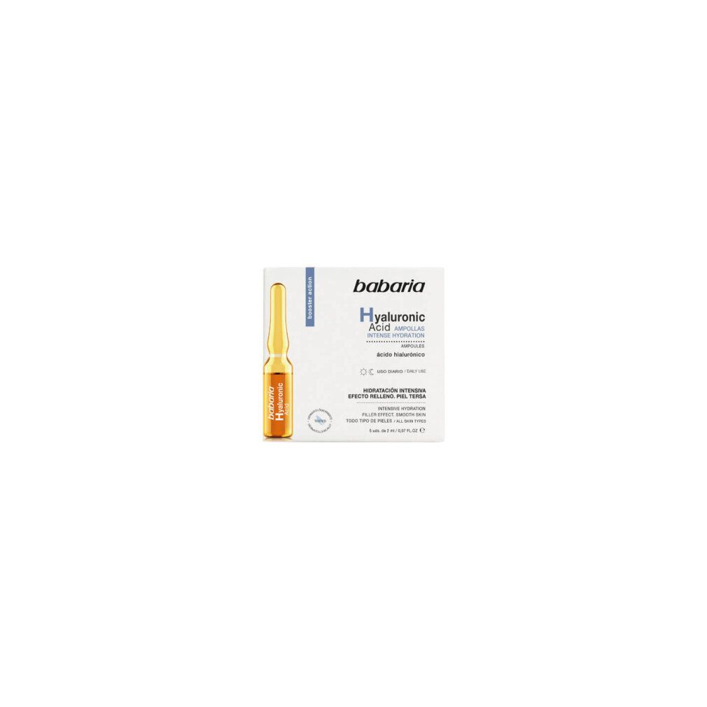 Boîte de Babaria Ampoules d'Acide Hyaluronique. Inscription : Hyaluronic Acid, Intense Hydration. 5 ampoules.