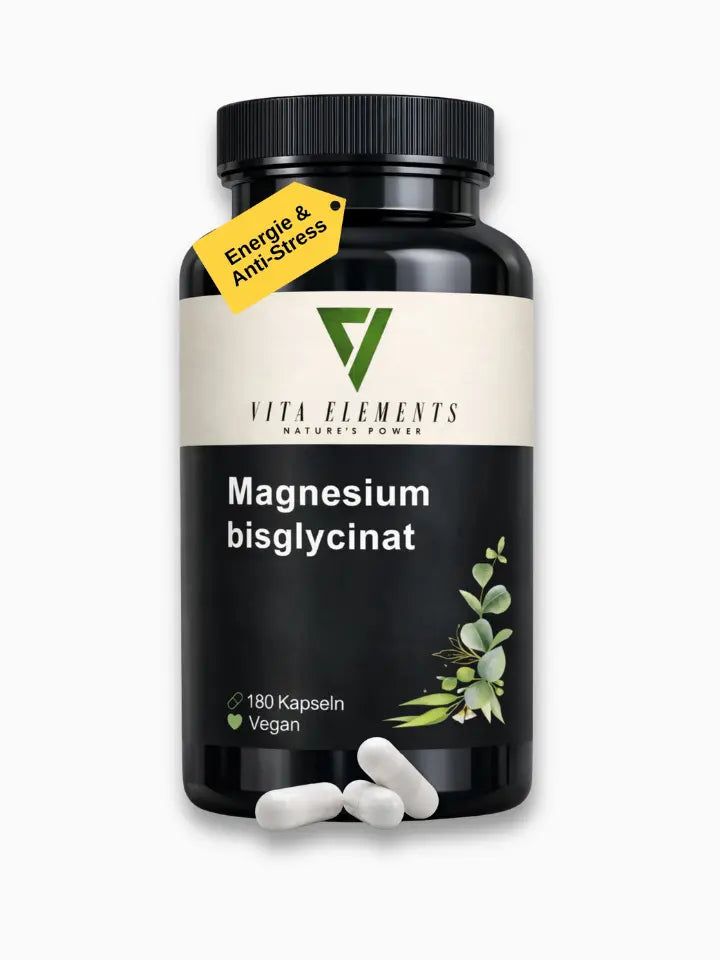 Flacon noir 'Magnesium bisglycinate' avec 180 gélules. Vegan. Étiquette jaune : Énergie & Anti-stress. 3 gélules à côté.