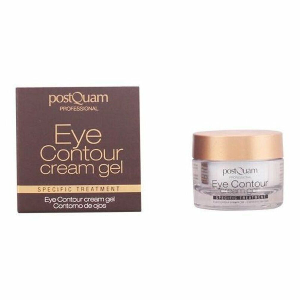 Bruine verpakking en pot. Op de verpakking staat "Postquam Professional Eye Contour cream gel". De pot heeft een gouden deksel.