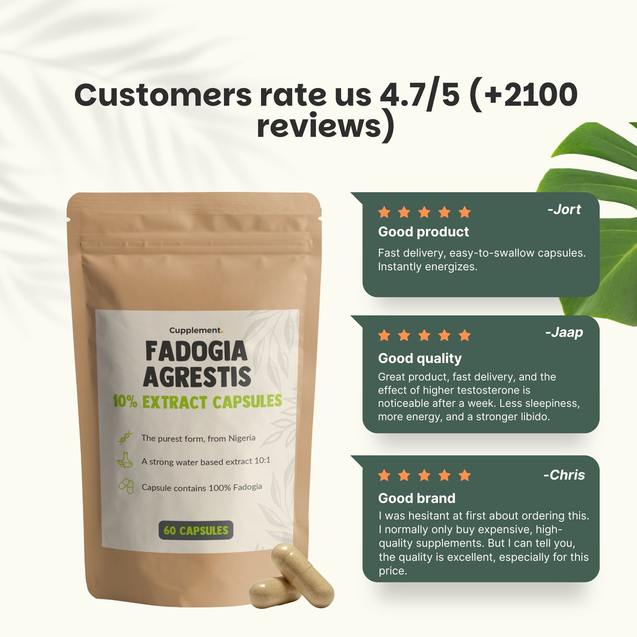 Sachet de 60 gélules. Inscription : Fadogia Agrestis 10% Extract Capsules. Évaluation client 4,7/5.