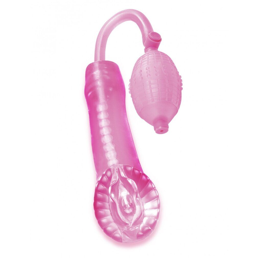 Roze penis pomp met vagina-look, pomp en slang. Productaanzicht van bovenaf.