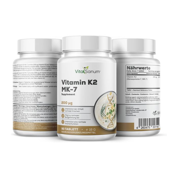 VitaSanum Vitamine K2 MK-7 supplement fles met 90 tabletten, 200 µg per tablet. Bevat voedingswaarde- en productinformatie.