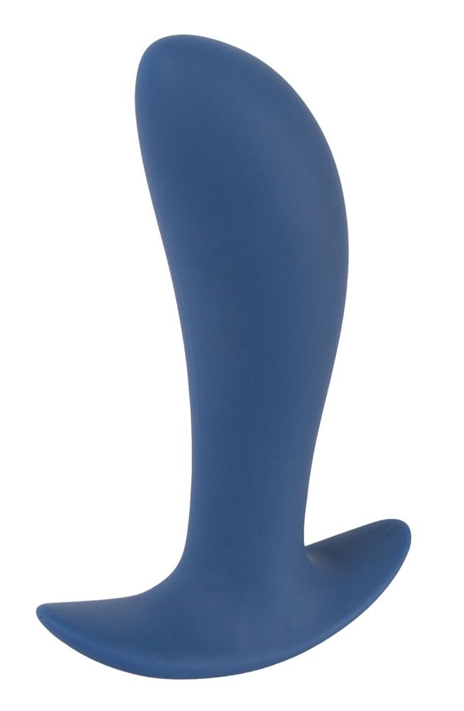 Donkerblauwe anale plug, van de zijkant gezien. Gebogen vorm, brede basis.