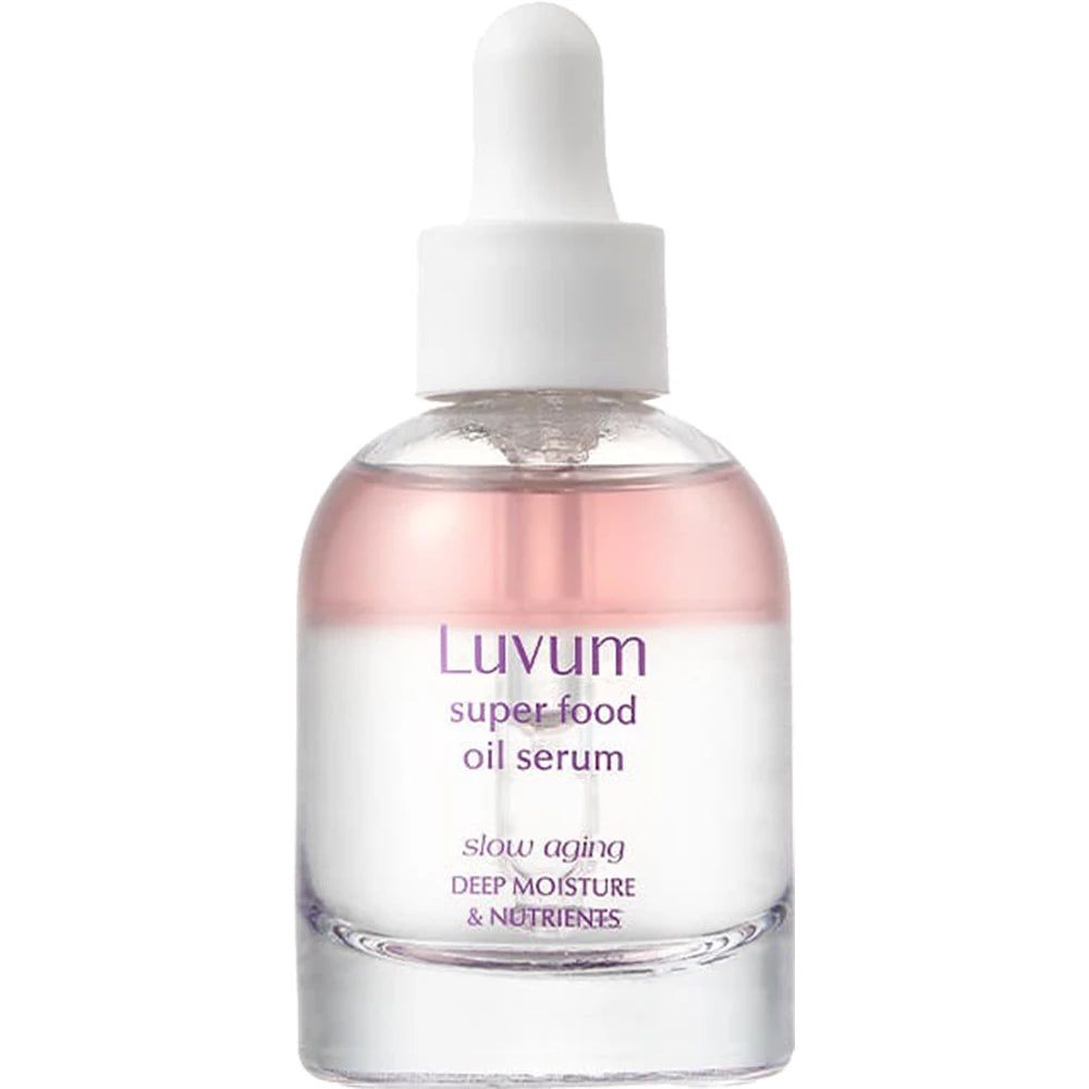 Flacon de sérum avec pipette. Nom du produit : Luvum. Texte : Superfood Oil Serum. Liquide clair.