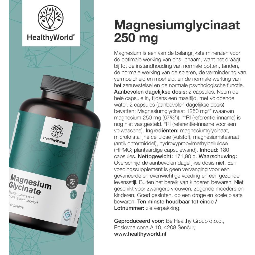 Fles HealthyWorld Magnesiumglycinaat 250 mg, 180 capsules. Tekst: Ingrediënten, dosering, waarschuwingen.