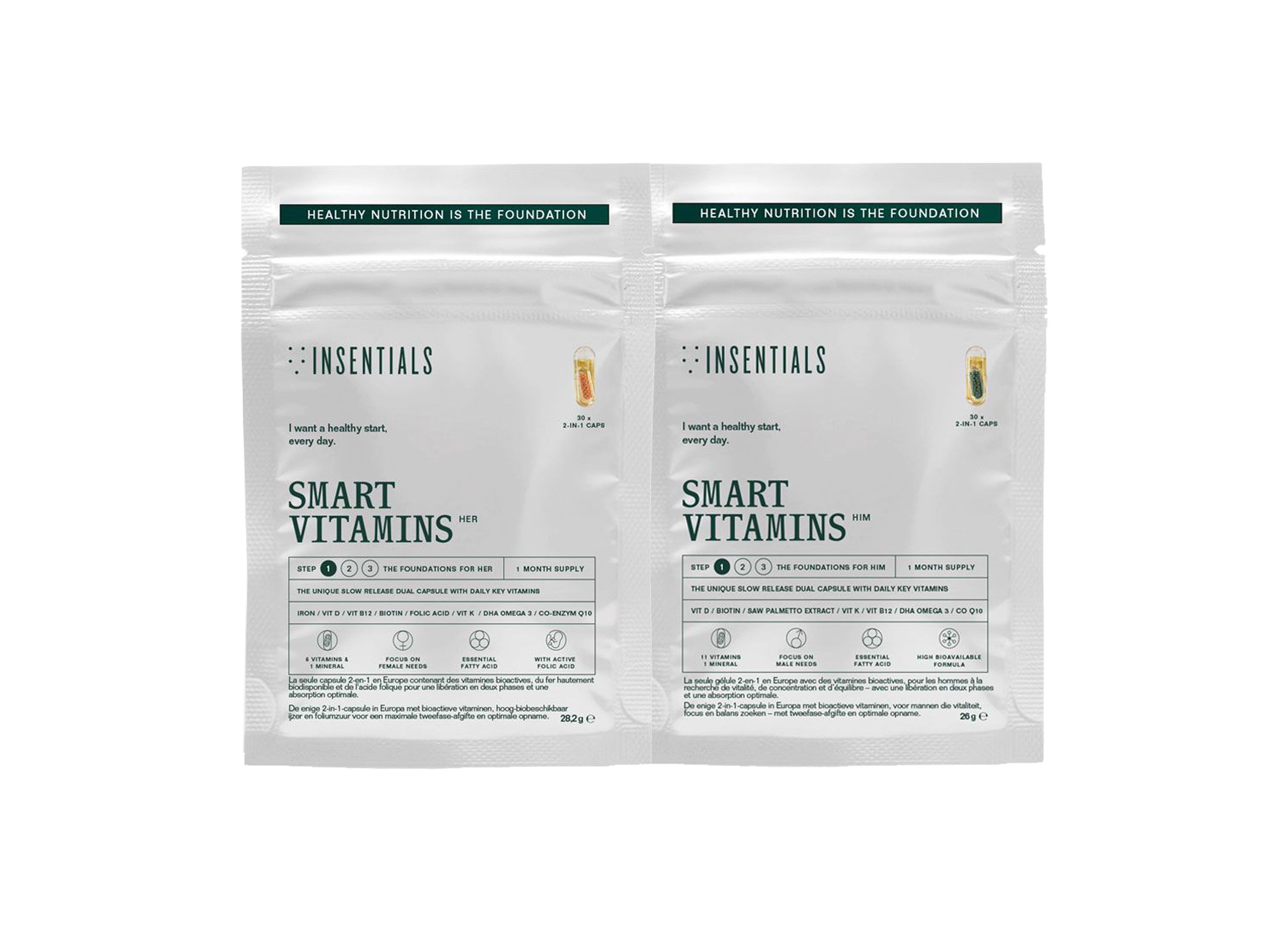 Deux sachets avec l'inscription 'Insentials Smart Vitamins'. Fond blanc. Texte et logos.