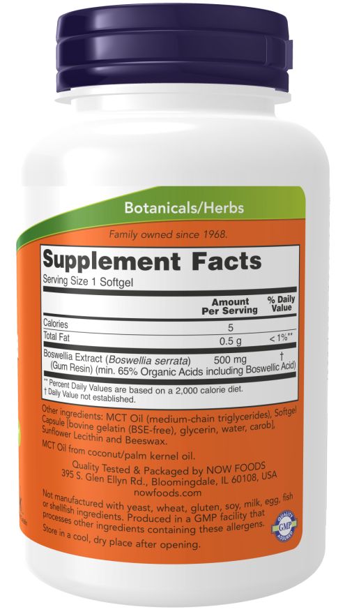 Dos du flacon de supplément. Étiquette orange avec informations nutritionnelles et ingrédients. Texte: Boswellia Extract 500 mg.