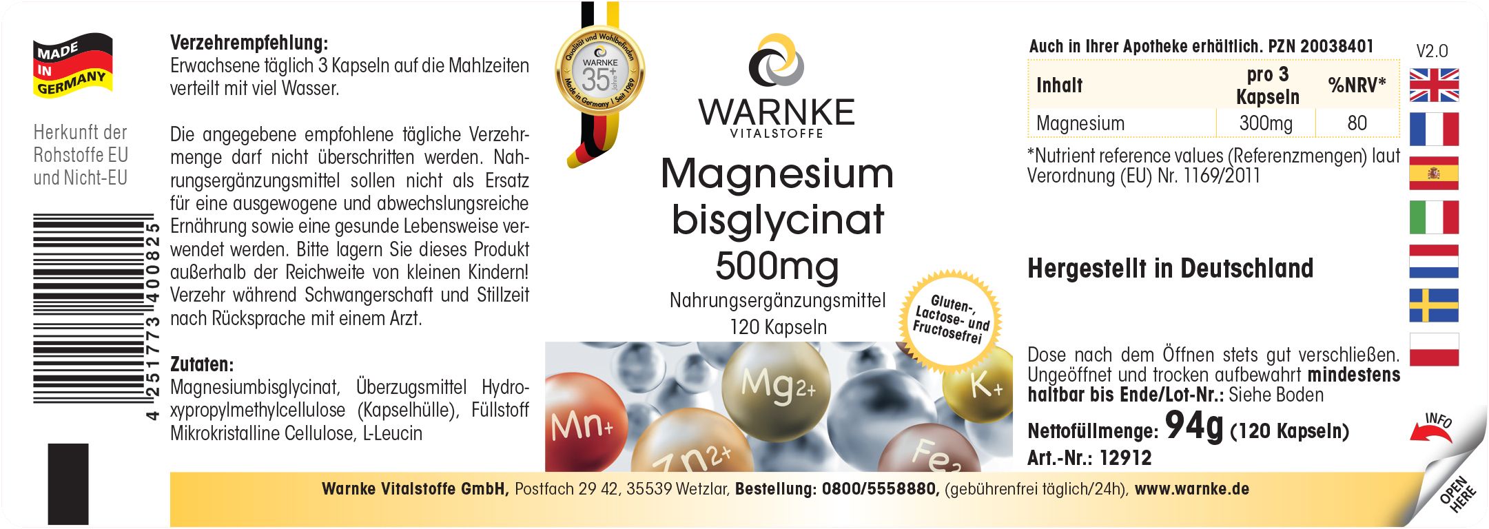 Étiquette avec texte: Warnke Vitalstoffe, Magnesium bisglycinat 500mg, 120 gélules. Fabriqué en Allemagne. Poids: 94g.