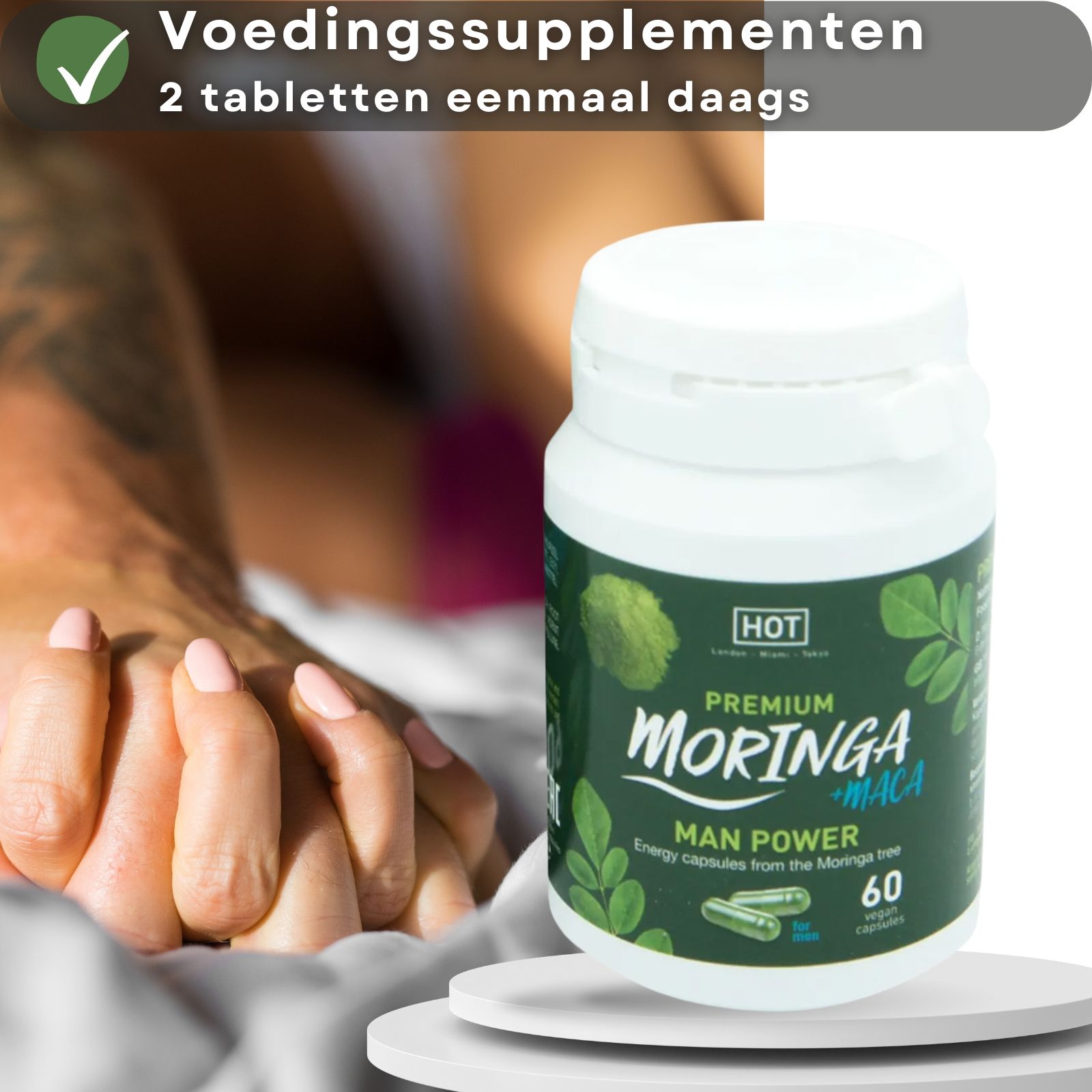 Fles. Opschrift: Moringa + Maca. Tekst: Voedingssupplement. 2 capsules eenmaal daags.