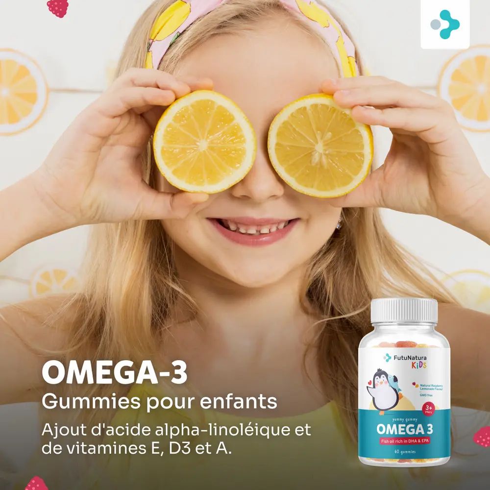 Fille avec des citrons devant les yeux. À côté, flacon FutuNatura Omega-3 Gummies pour enfants. Texte : Omega-3 Gummies pour enfants.