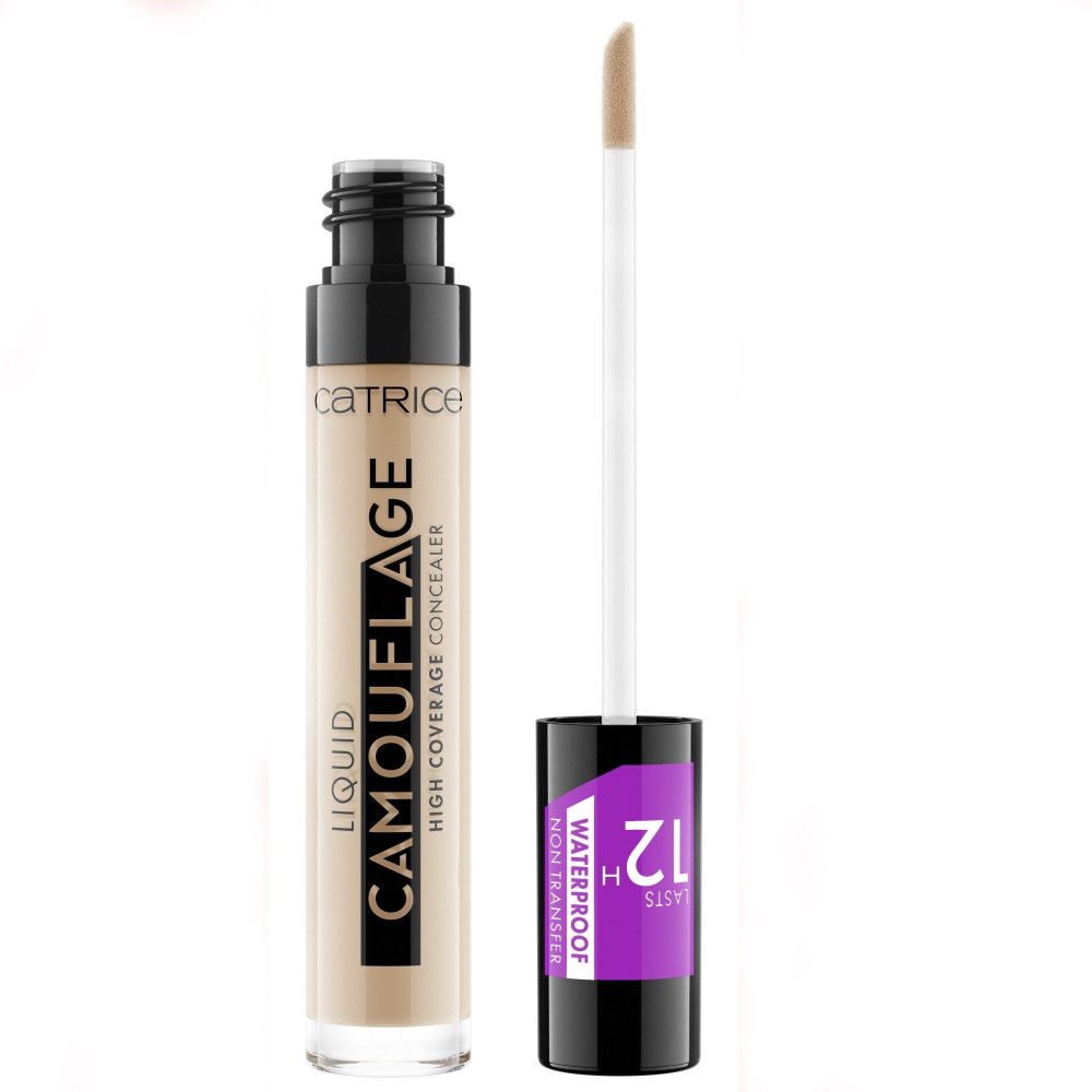 Correcteur Catrice Camouflage. Correcteur liquide en tube avec applicateur. Texte: Liquid Camouflage, High Coverage Concealer, Waterproof, 12H.