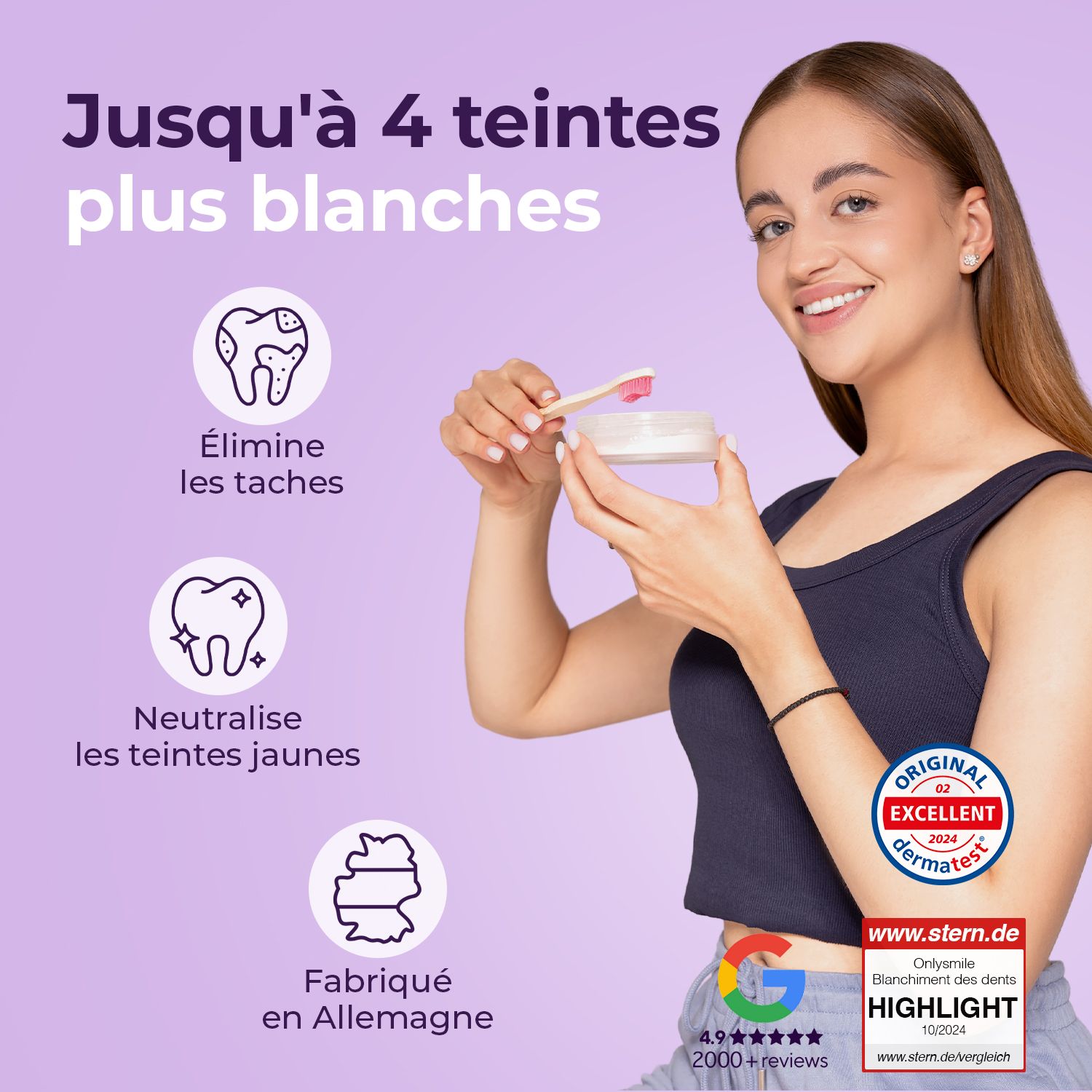 Femme avec poudre blanchissante. Graphiques montrant les avantages. Sceau Dermatest.