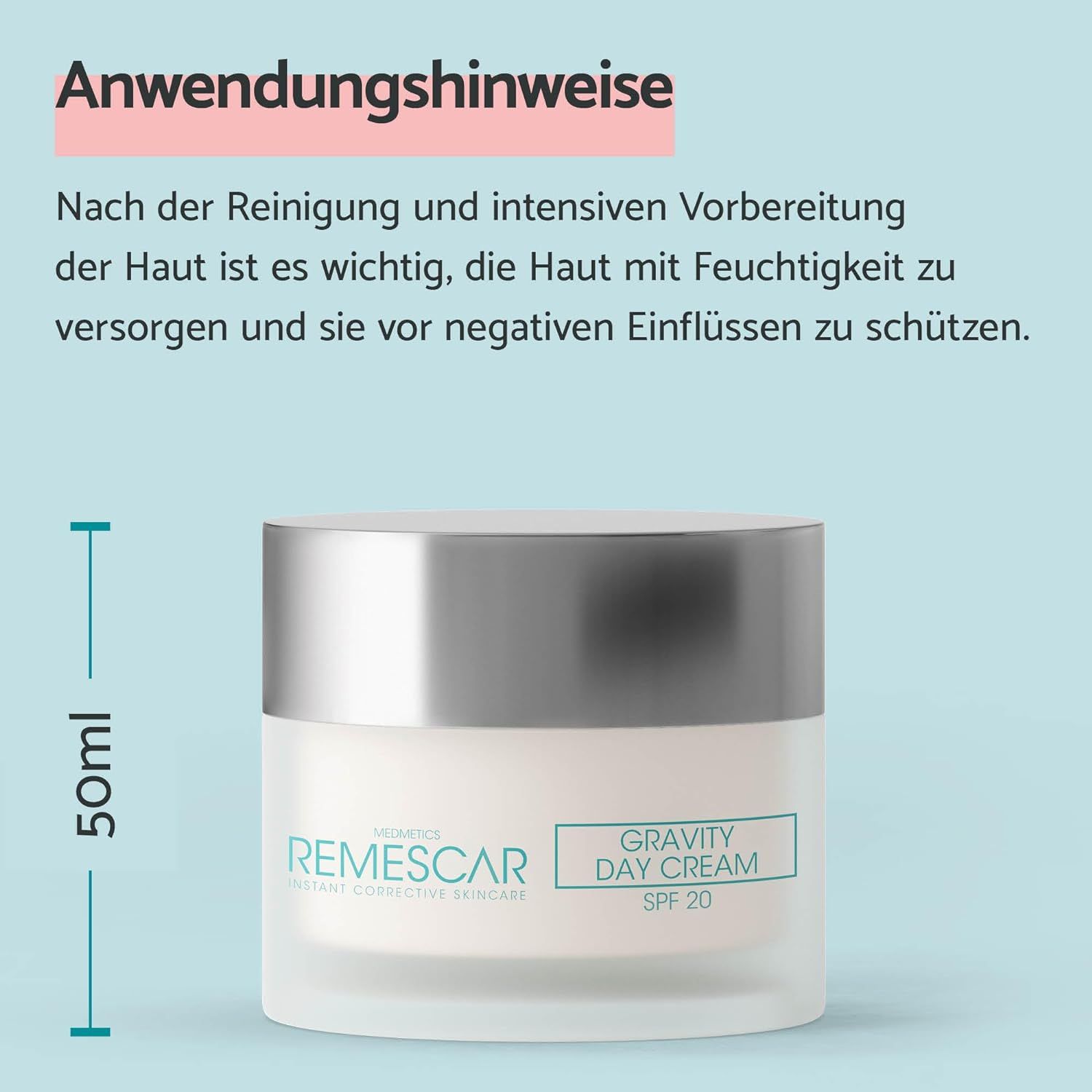 Pot de crème avec couvercle argenté. Inscription : Remescar, Gravity Day Cream SPF 20. Marque 50 ml.