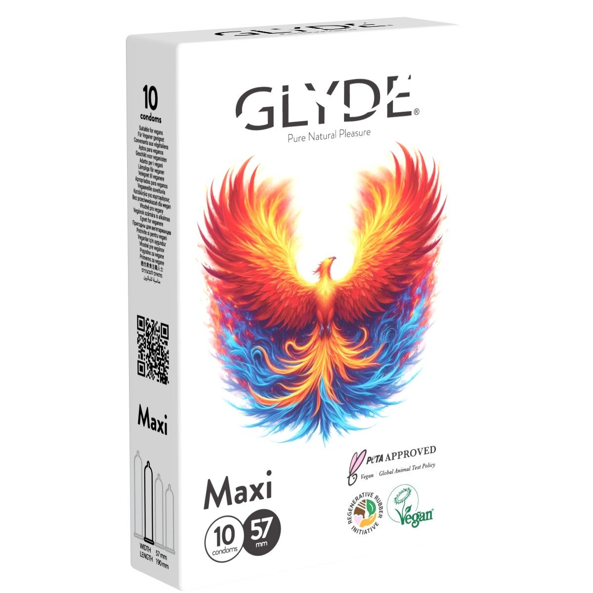 Préservatifs Glyde Maxi, 10 unités, avec design d'oiseau de feu et labels Vegan et Global Animal Test Policy.