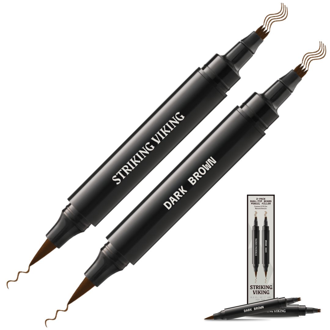 Deux stylos brun foncé à double pointe. Inscription : STRIKING VIKING, DARK BROWN. Emballage inclus avec illustration du produit.