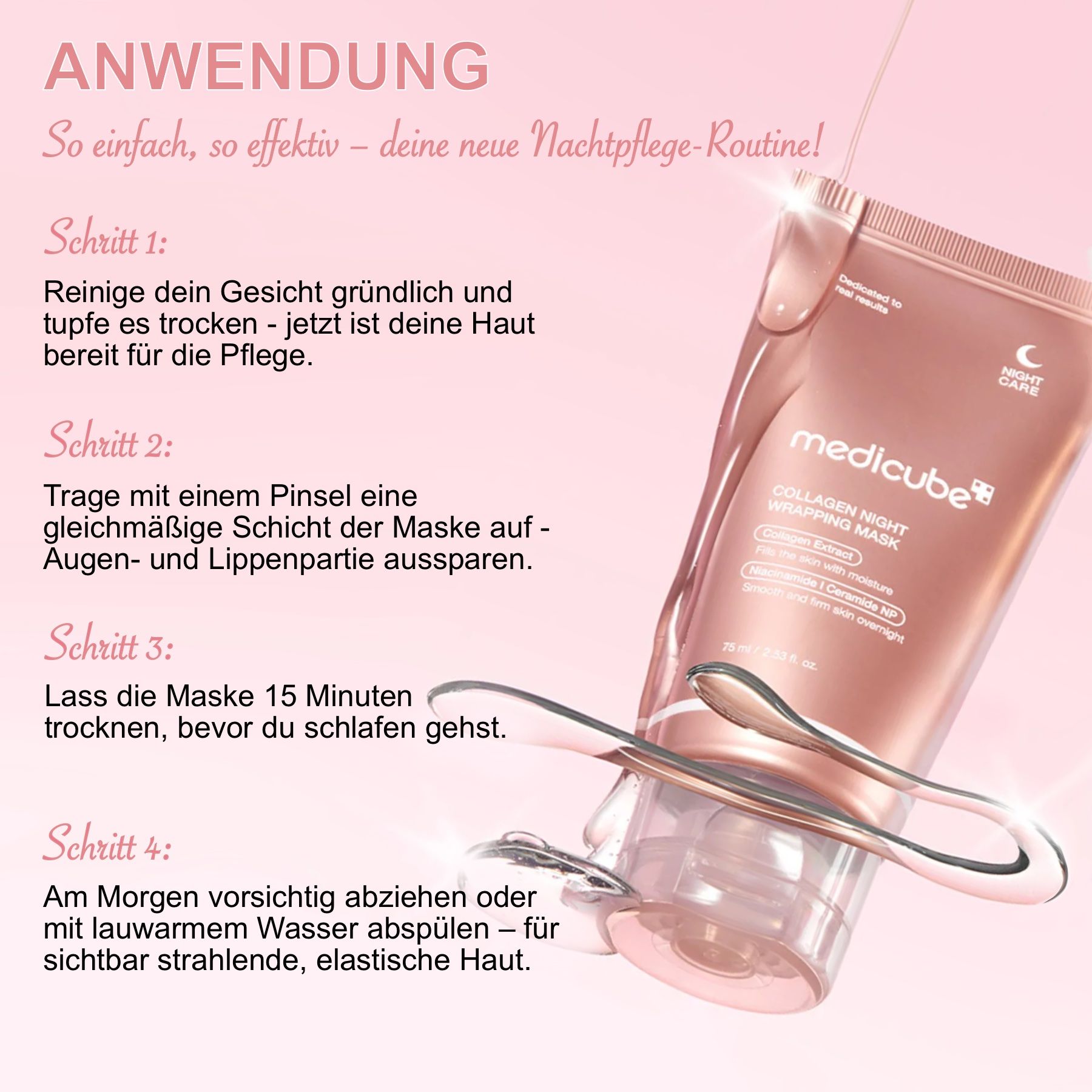 Un tube de Medicube Collagen Night Wrapping Mask avec des icônes pour les bienfaits des soins de la peau.