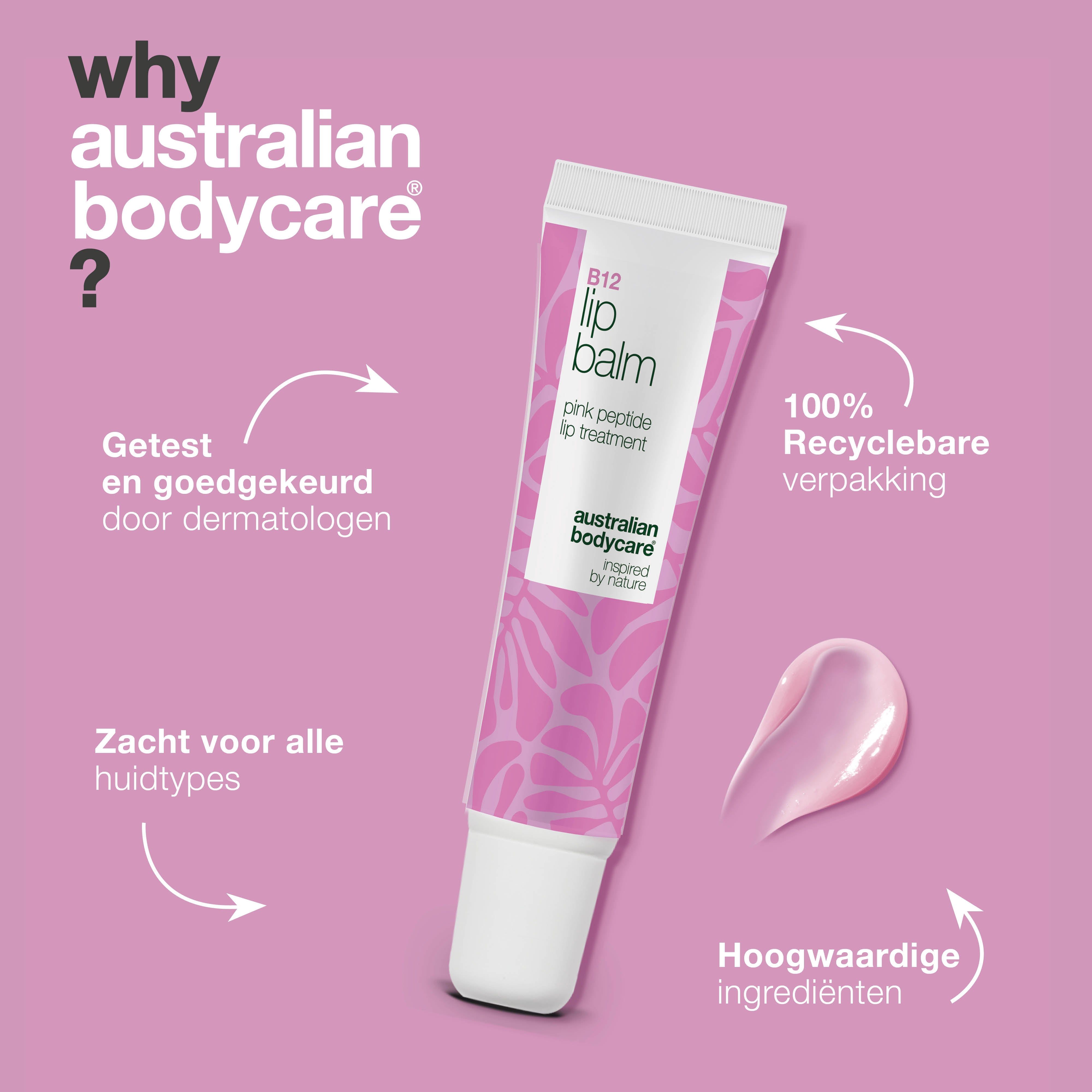 Lippenbalsem tube. Tekst: B12 Lip Balm, pink peptide. Australian Bodycare. Voordelen en ingrediënten.