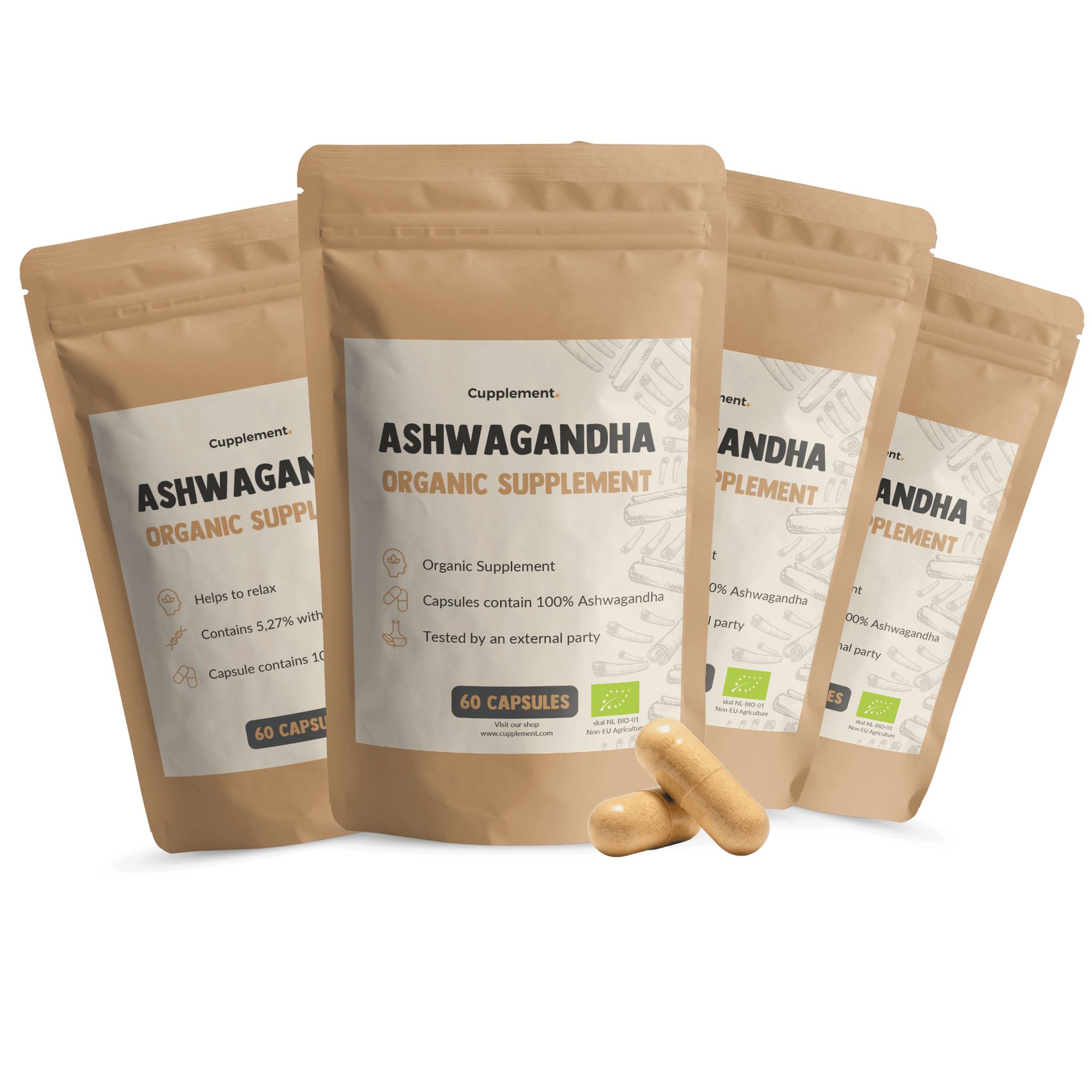 Meerdere zakjes met Ashwagandha capsules. Opschrift: Ashwagandha Organic Supplement. 60 capsules. Bio-certificering.