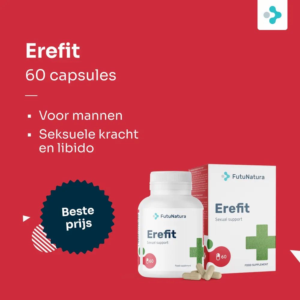 Fles en doos FutuNatura Erefit. 60 capsules. Rode achtergrond. Tekst in het Nederlands.