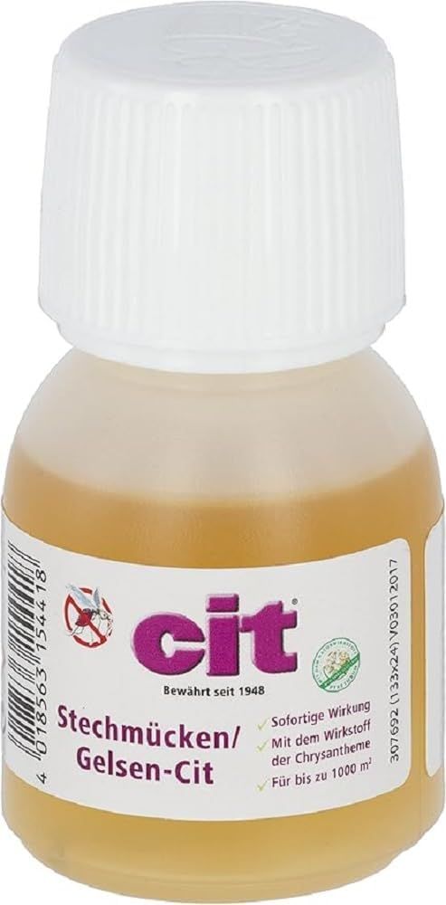 Petite bouteille avec bouchon blanc. Étiquette avec nom du produit, logo et texte. Contient du liquide. Inscription : Stechmücken/Gelsen-Cit.