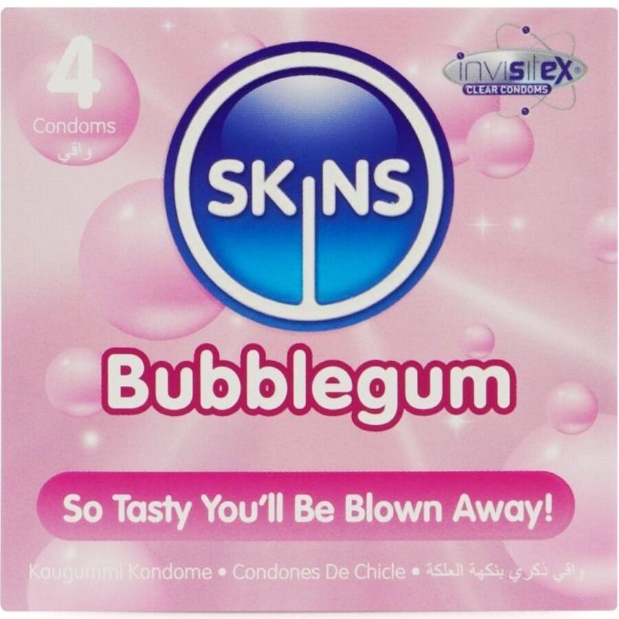 Boîte rose SKINS Bubblegum, 4 préservatifs. Texte: So Tasty You'll Be Blown Away!